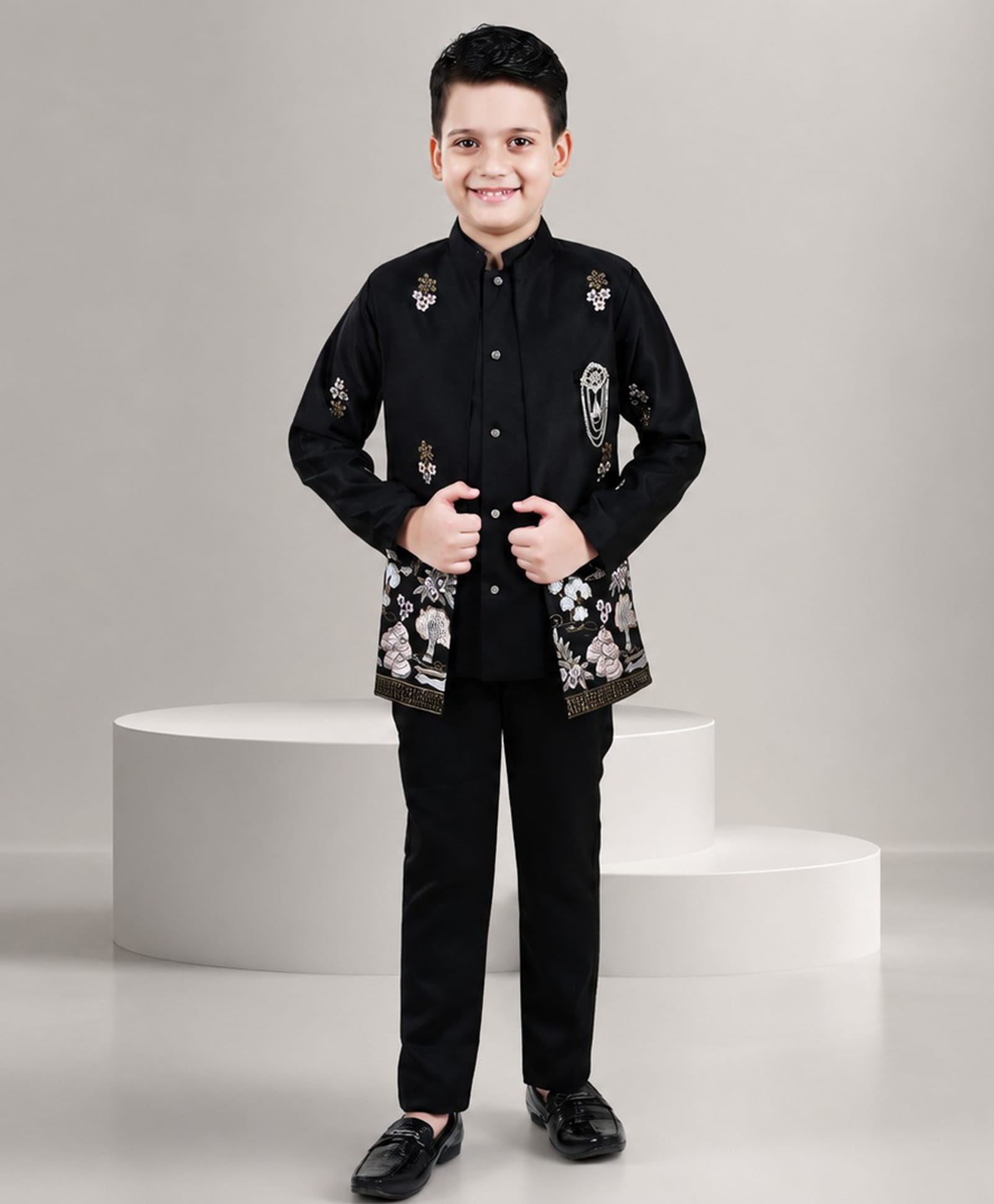 Fourfolds Woven Full Sleeves Floral Embroidered Sherwani & Trouser Set With Jacket - Black-image-42