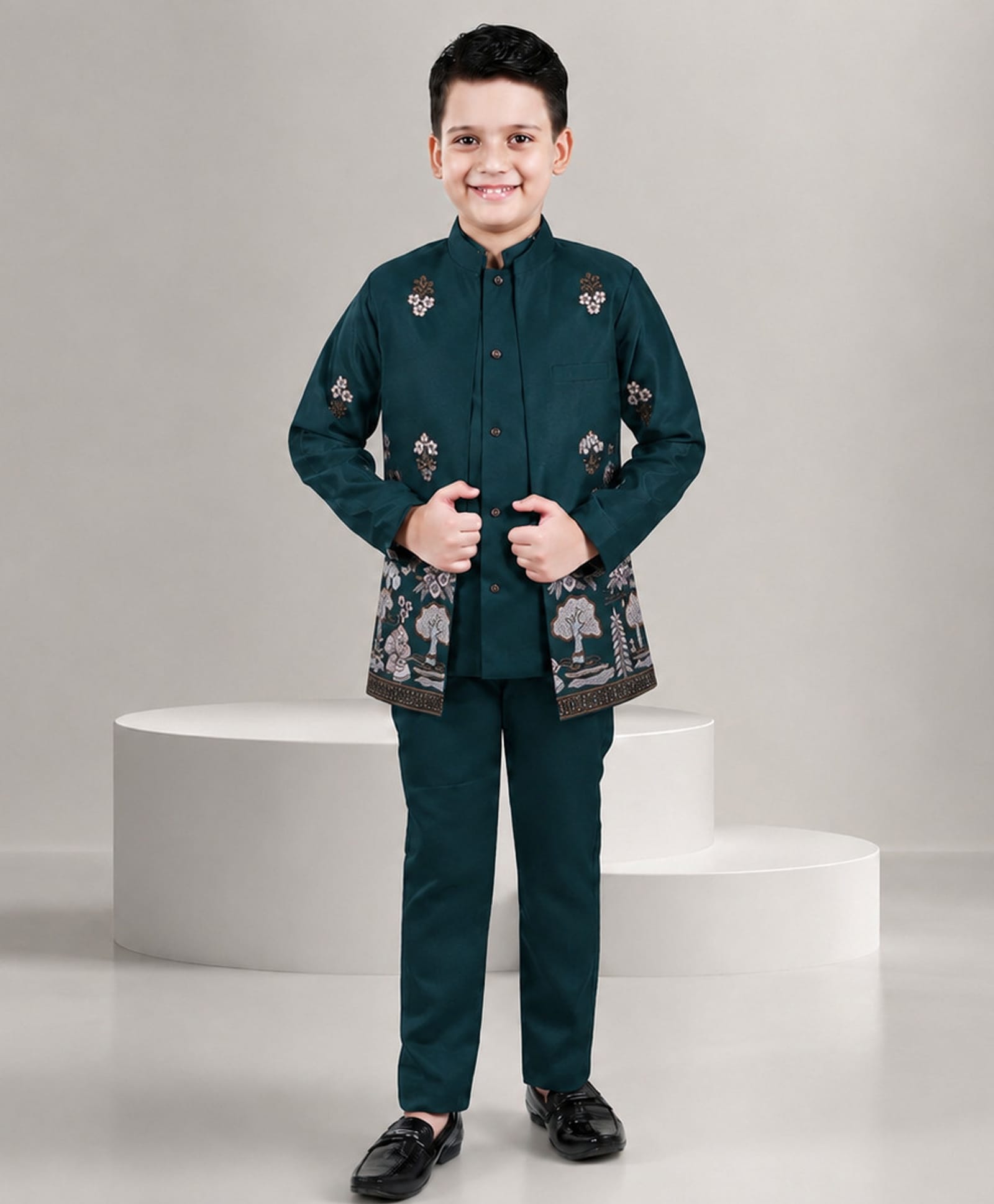 Fourfolds Woven Full Sleeves Floral Embroidered Sherwani & Trouser Set With Jacket - Dark Green-image-39
