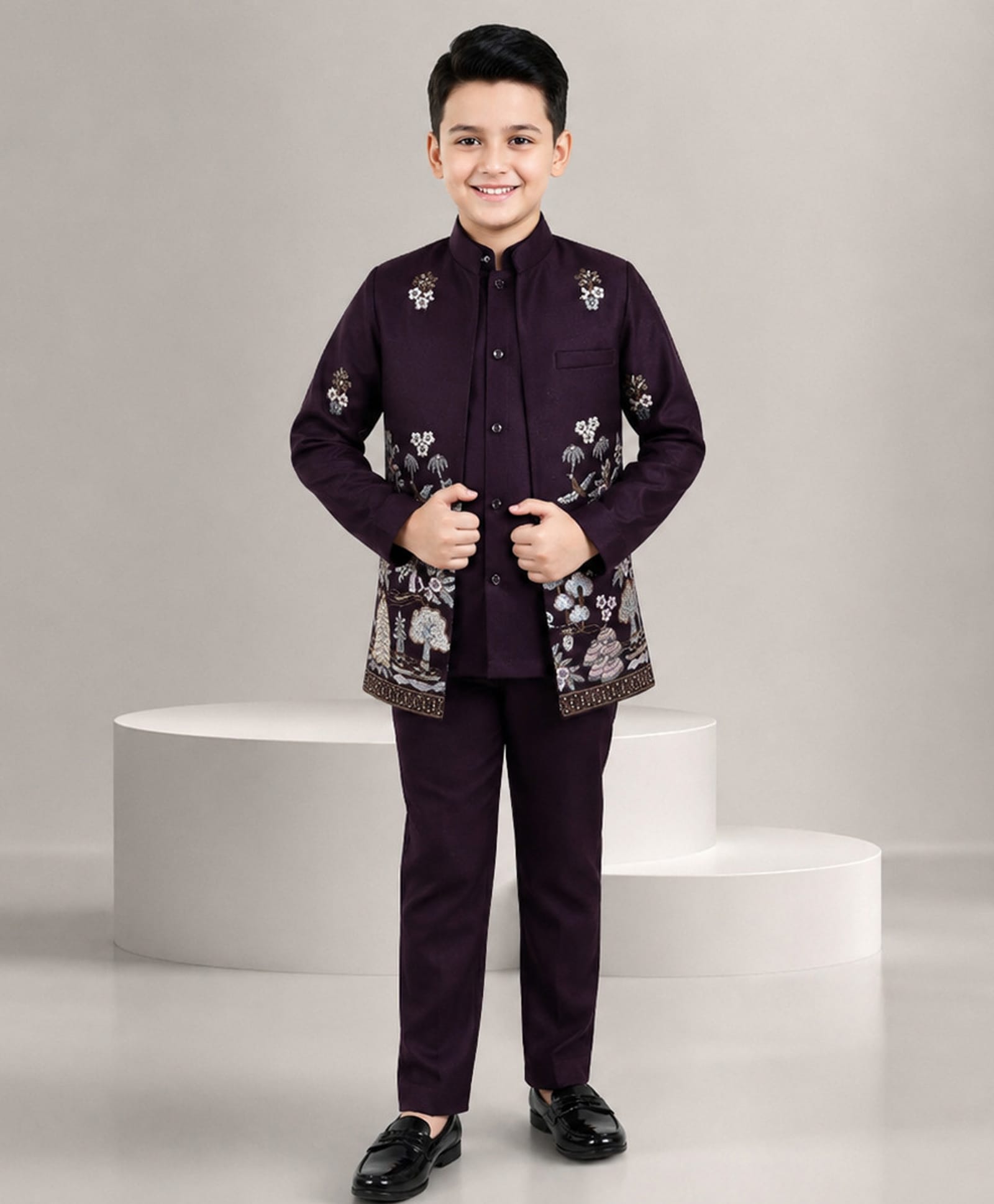 Fourfolds Woven Full Sleeves Floral Embroidered Sherwani & Trouser Set With Jacket - Wine-image-36