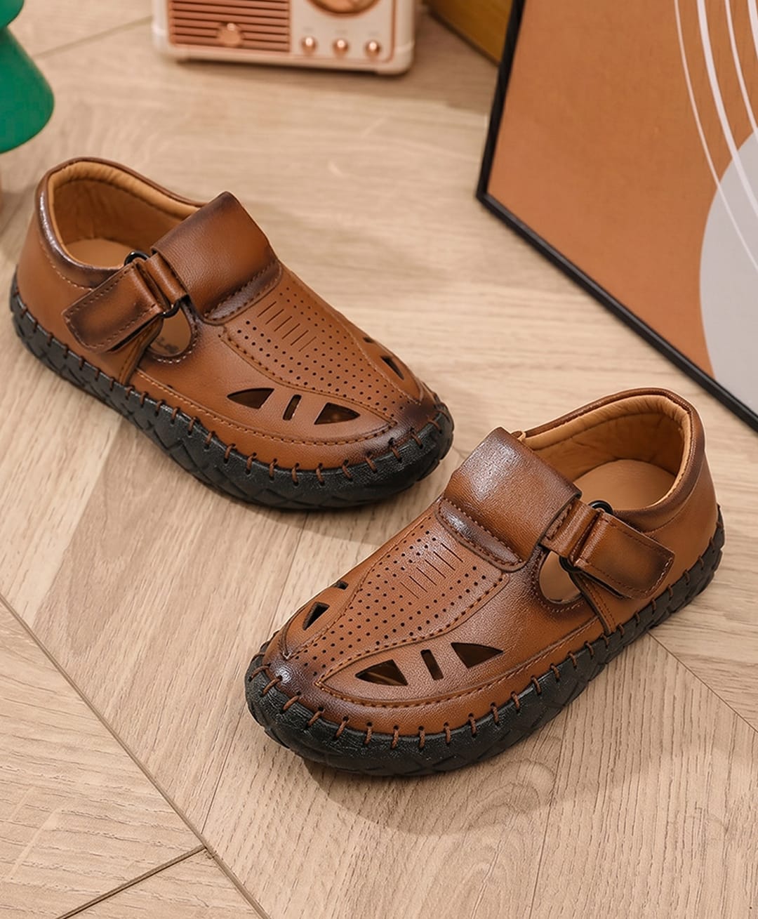 SHOES FOR JUNIORS Textured Velcro Closure Sandals - Tan-image-44