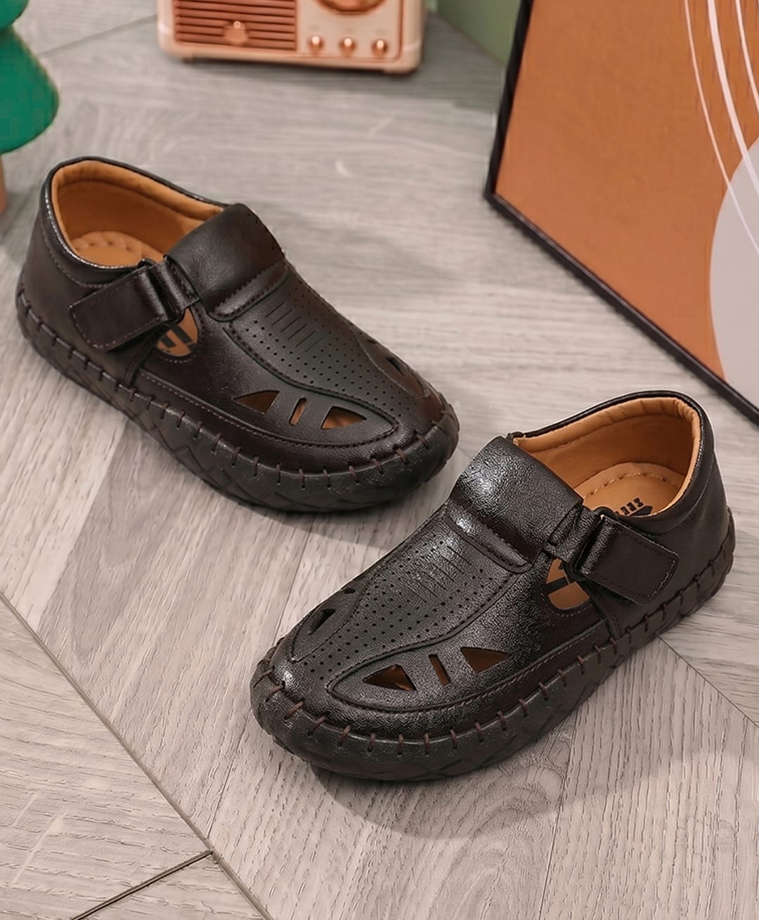 SHOES FOR JUNIORS Textured Velcro Closure Sandals - Brown-image-46