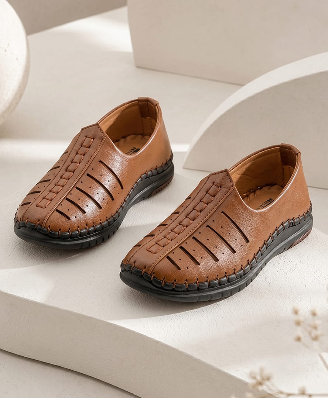 SHOES FOR JUNIORS Thread Work Detailed Slip On Mojaris - Tan-image-39