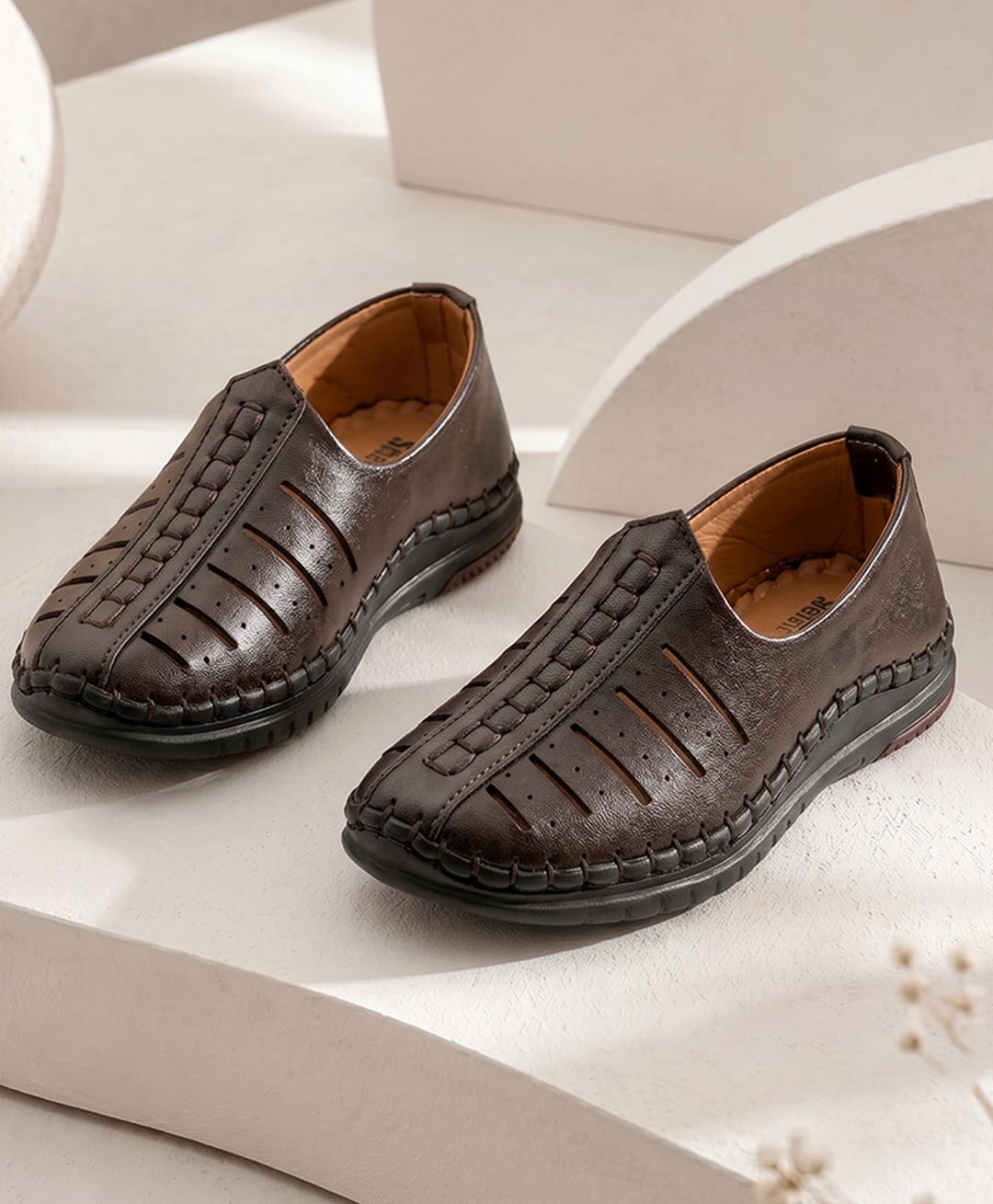 SHOES FOR JUNIORS Thread Work Detailed Slip On Mojaris - Brown-image-45