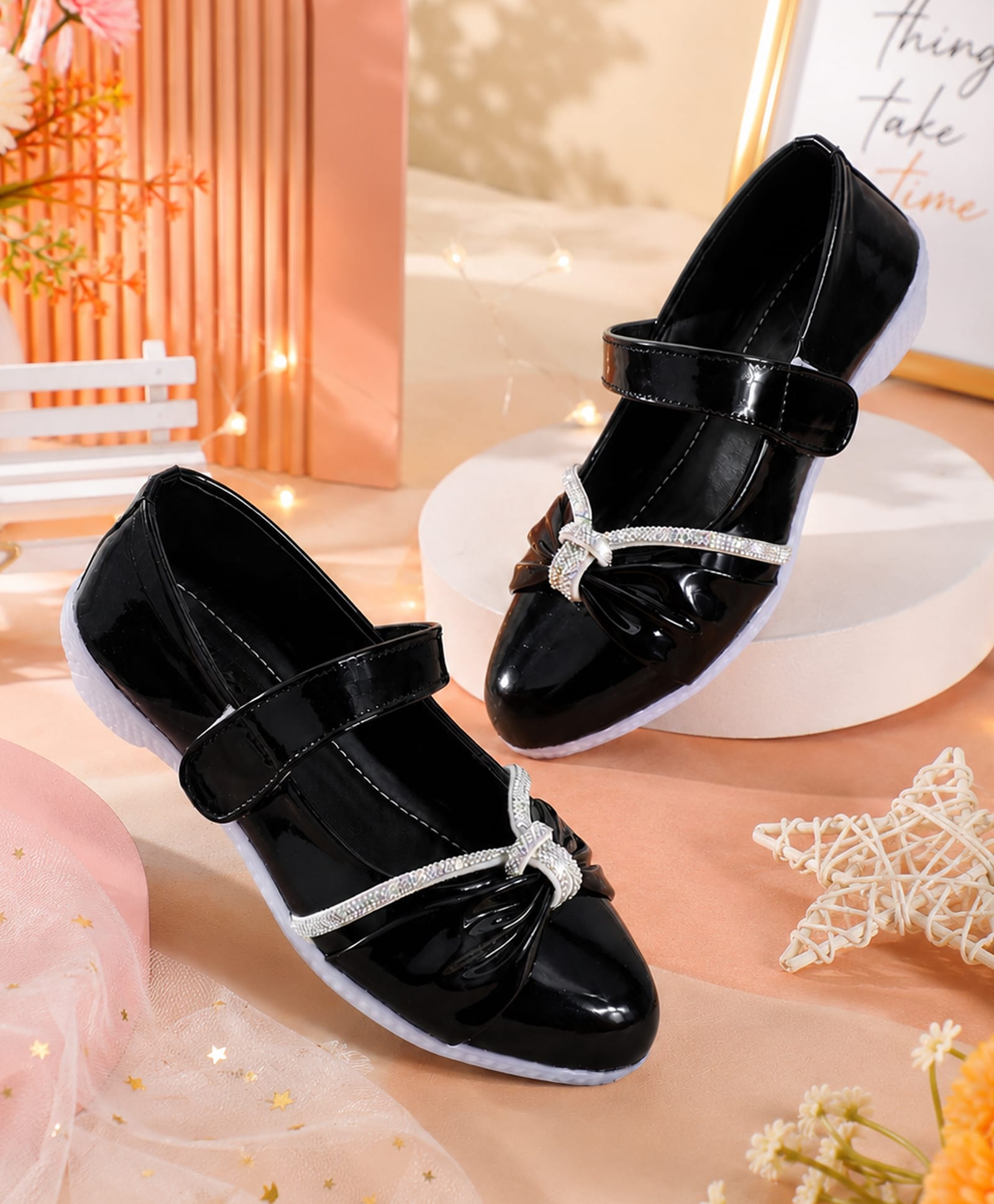 PASSION PETALS Stones Embellished Bow Designed Velcro Closure Ballerinas - Black-picture-11