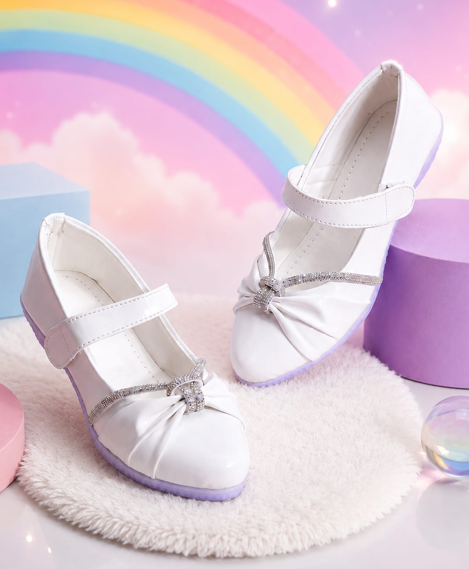 PASSION PETALS Stones Embellished Bow Designed Velcro Closure Ballerinas - White-image-45