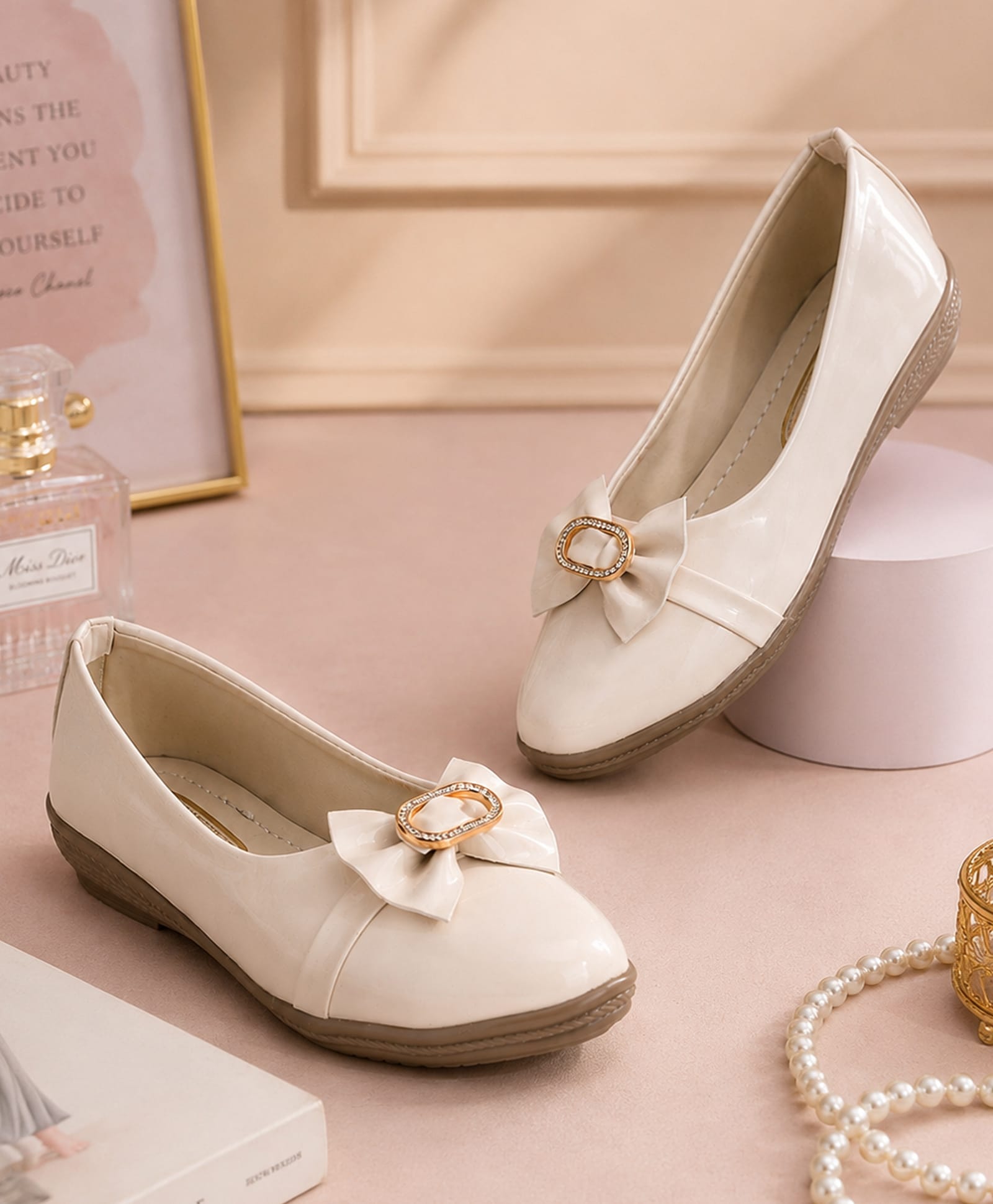 PASSION PETALS Bow Applique Detailed Slip On Ballerinas - Cream-picture-26