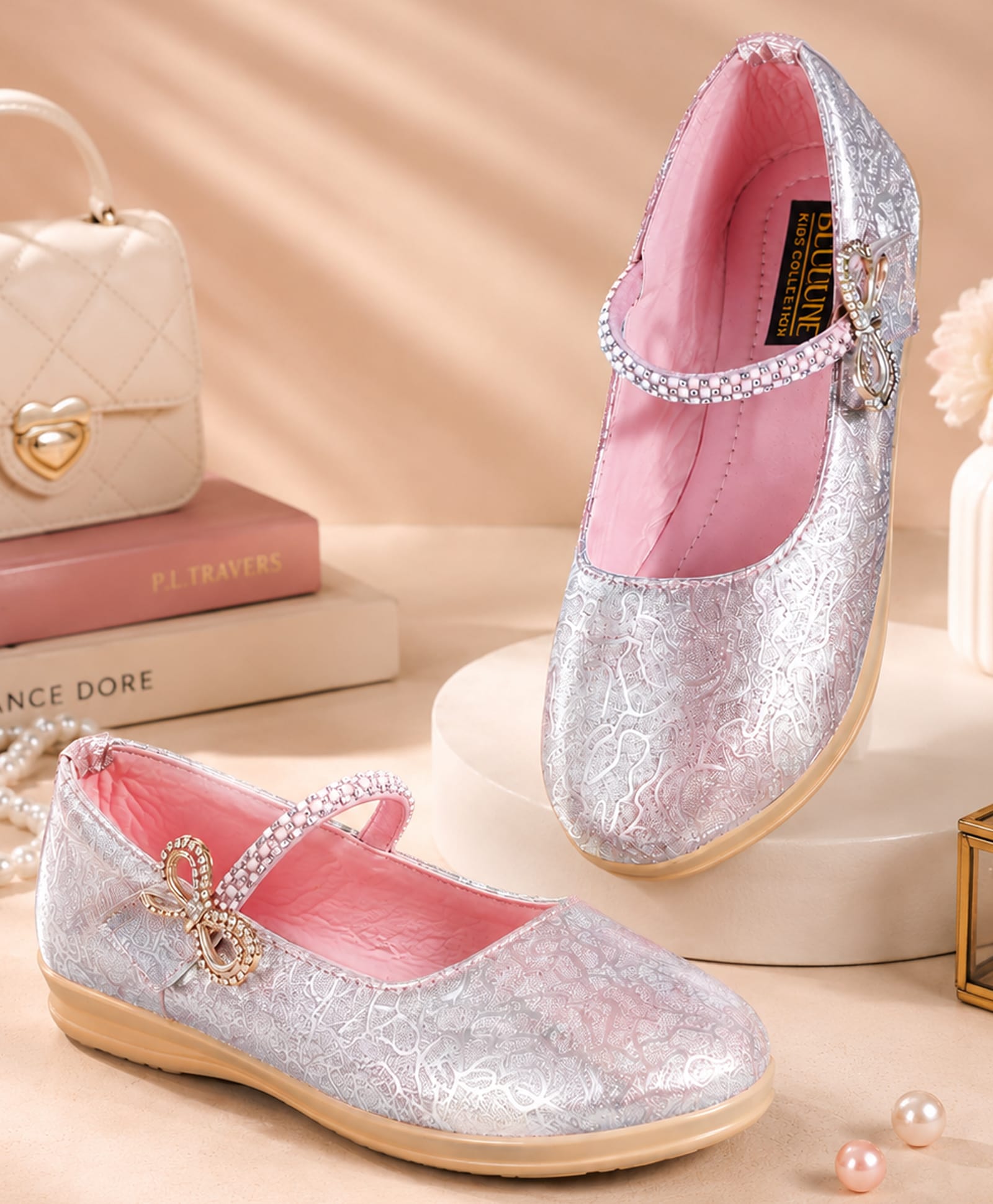 PASSION PETALS Pearl & Stone Embellished Velcro Closure Metallic Mary Jane Ballerinas - Pink-image-27