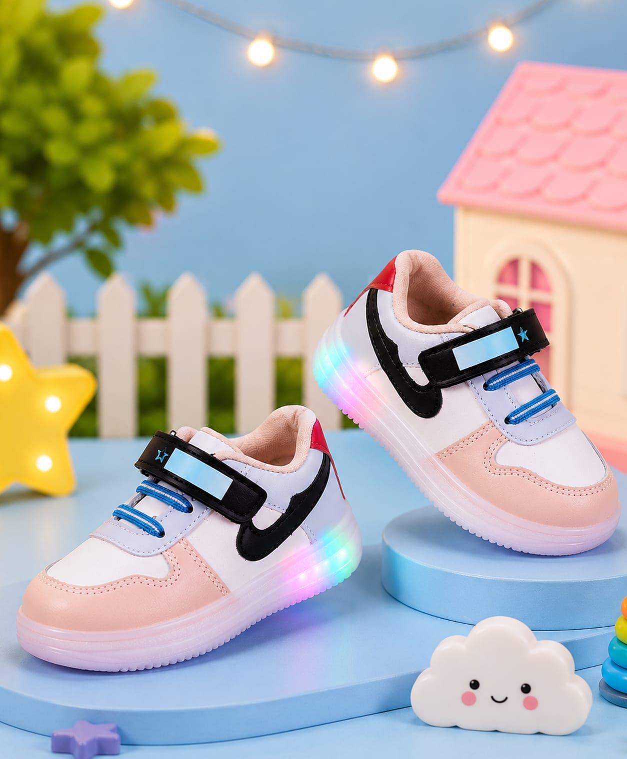 PASSION PETALS Colour Blocked Velcro Closure LED Shoes - Peach & White-picture-23