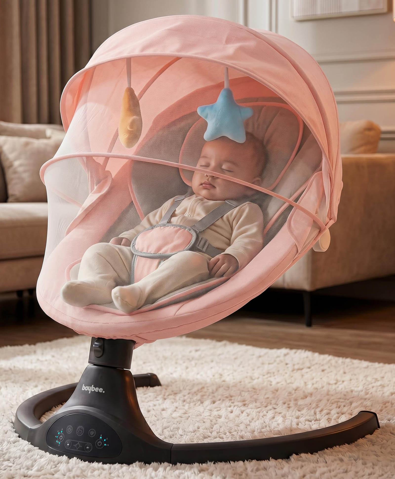 Baybee Electric Baby Swing with Adjustable Speed & Soothing Music | Baby Relaxing Swing Jhula with Mosquito Net, Safety Belt & Removable Toy | Rocking Function Cradle for New Born Babies (Pink)-image-28