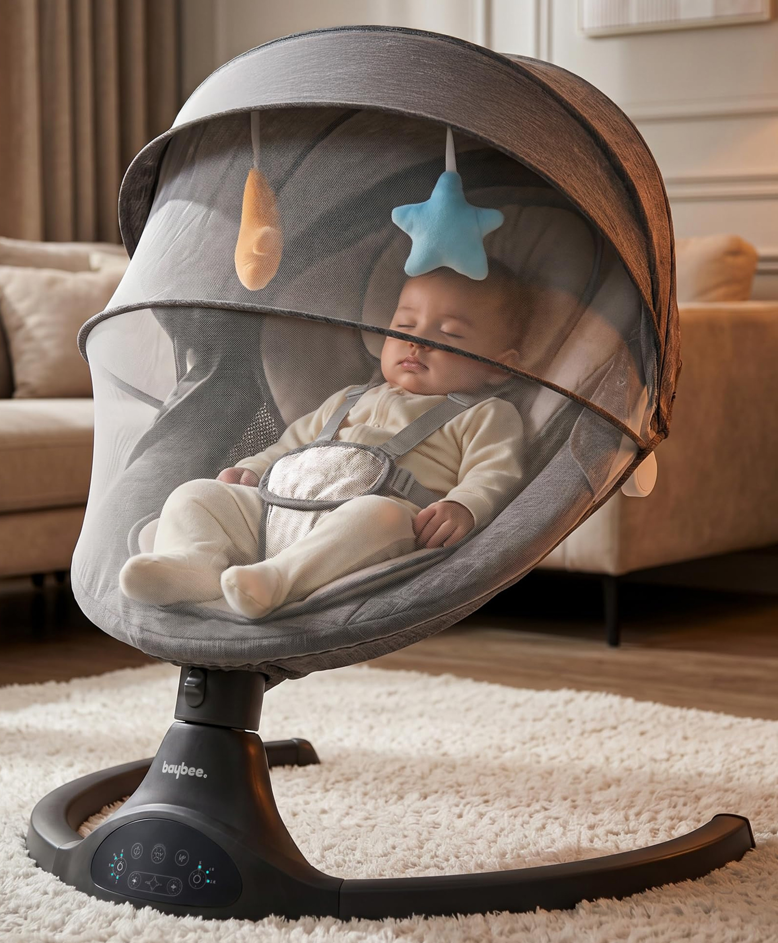 Baybee Electric Baby Swing with Adjustable Speed & Soothing Music | Baby Relaxing Swing Jhula with Mosquito Net, Safety Belt & Removable Toy | Rocking Function Cradle for New Born Babies (Black)-image-6