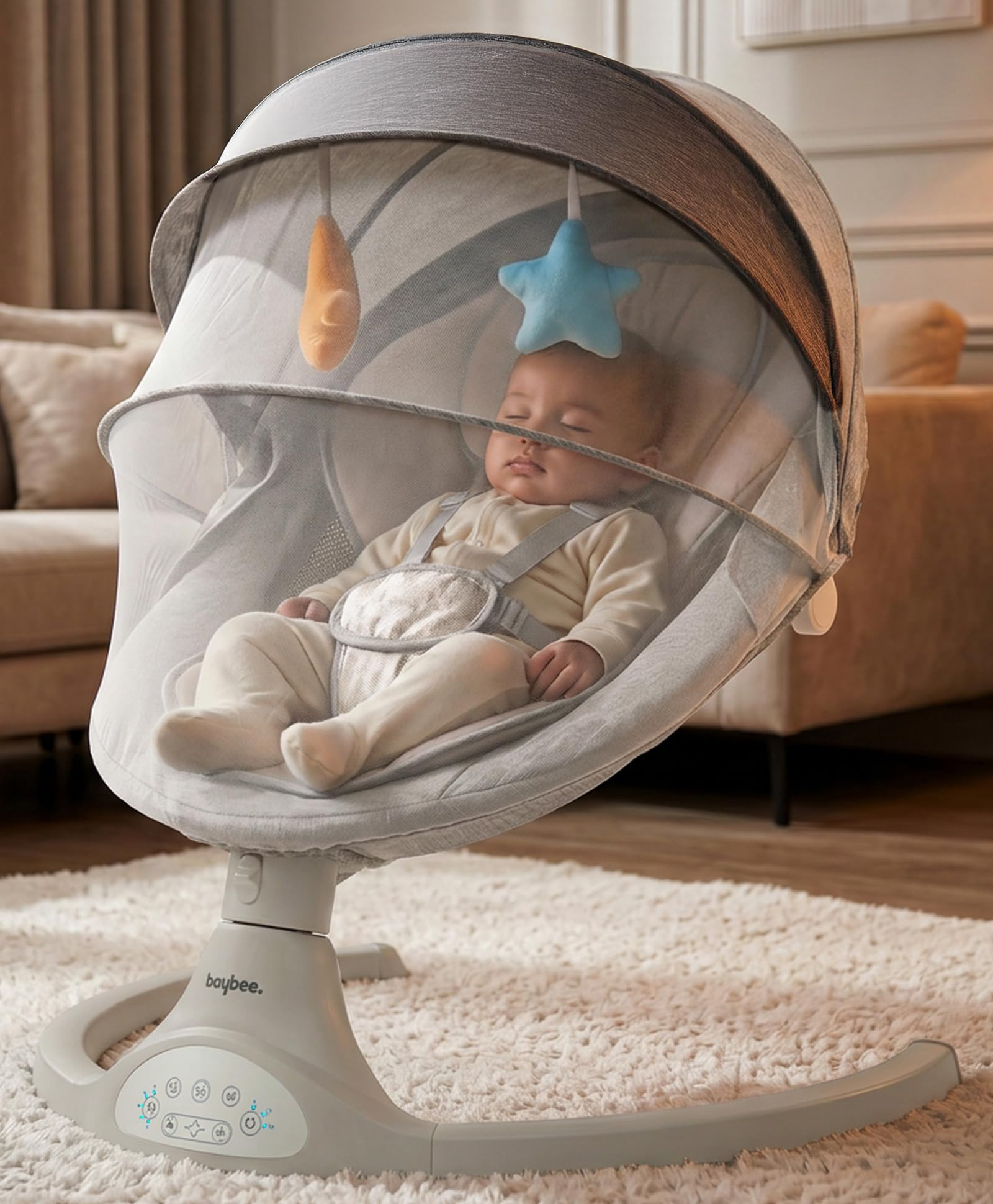 Baybee Electric Baby Swing with Adjustable Speed & Soothing Music | Baby Relaxing Swing Jhula with Mosquito Net, Safety Belt & Removable Toy | Rocking Function Cradle for New Born Babies (Grey)-image-5