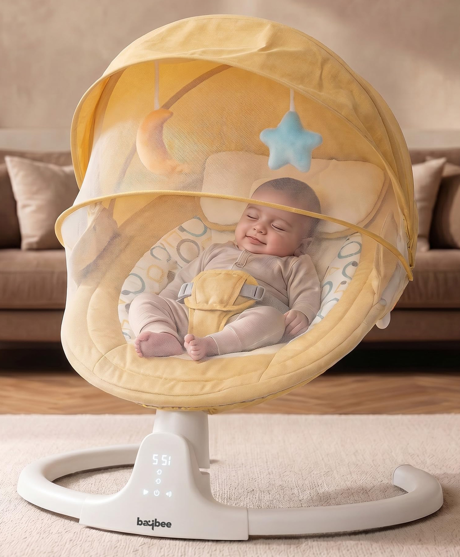 BAYBEE Premium Electric Baby Swing Cradle with Adjustable Speed Swings & Recline | Baby Electric Swing with Safety Belt, Music & Toys | Automatic Cradle & Rocker for Babies with Mosquito Net (Yellow)-picture-20