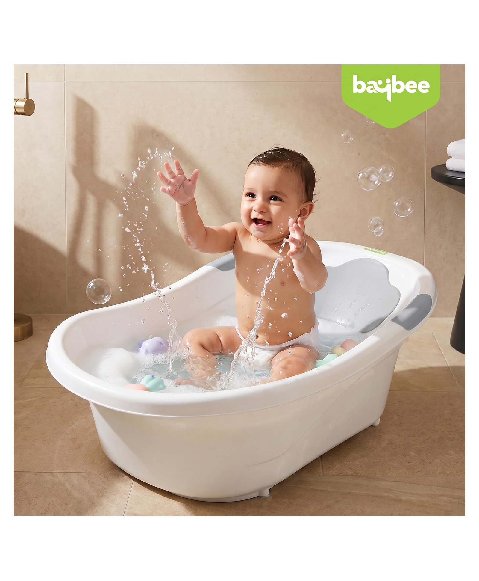 Baybee Comfort Baby Bath Tub for 0 to 5 Years | Baby Bather & Bathtub with Anti-Slip Base & Quick Drains | Bath Tub for Kids with Soft Headrest & Compact Storage for Boys & Girls (Grey)-picture-26