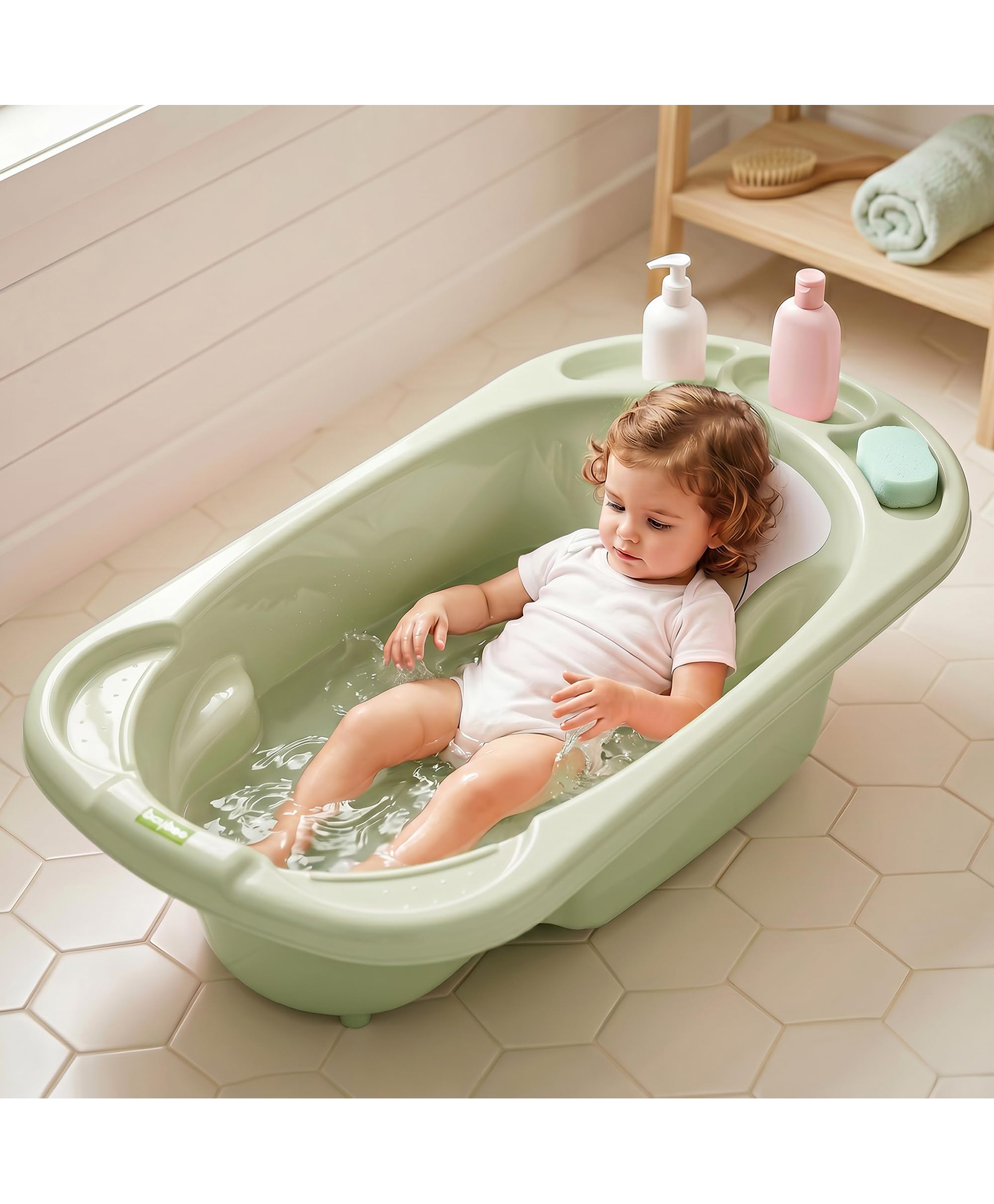 Baybee Lullie Baby Bath Tub for Kids with Anti-Slip Base & Easy Drain | Babies Bathtub with Built-in Soap & Accessory Holder | Spacious Baby Bath Tub for 0-5 Years Boys Girls (Green)-picture-22