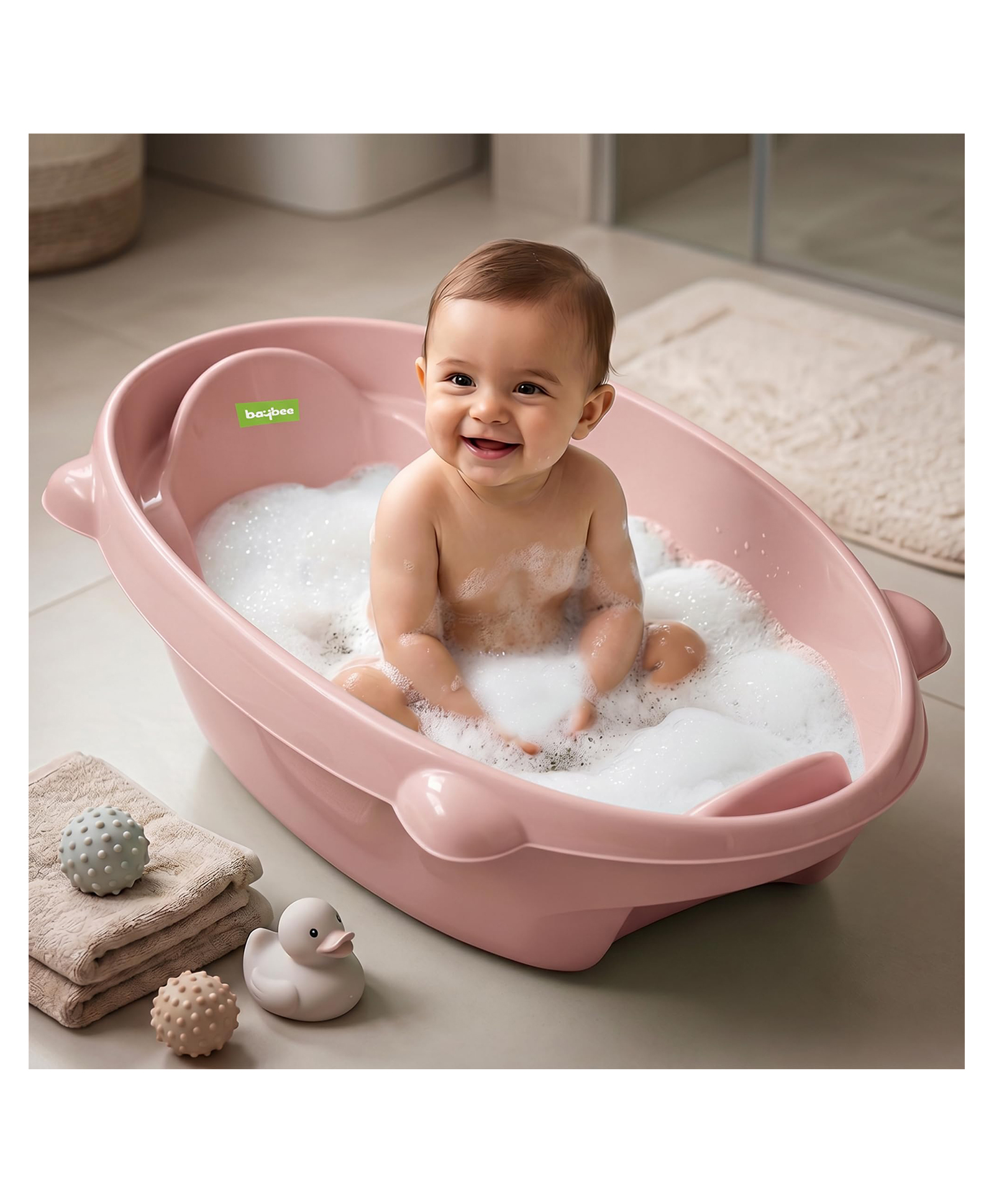Baybee AquaHug Baby Bath Tub for 0 to 5 Years | Ergonomic Bath Tub for Kids with Anti-Slip Base & Quick Drains | Sitting & Lying Babies Bather & Baby Bathing Tub for Boys Girls (Pink)-picture-12