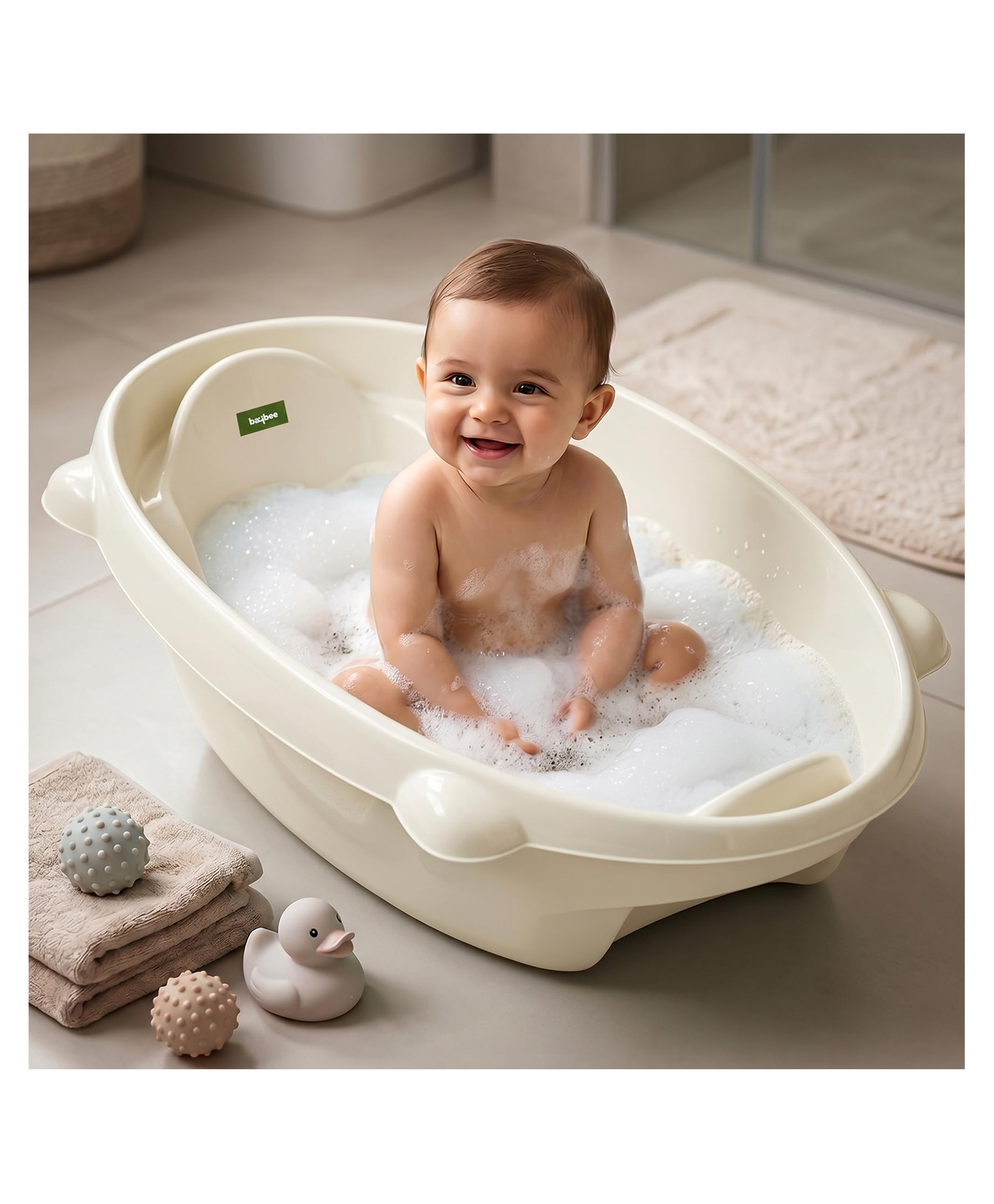 Baybee AquaHug Baby Bath Tub for 0 to 5 Years | Ergonomic Bath Tub for Kids with Anti-Slip Base & Quick Drains | Sitting & Lying Babies Bather & Baby Bathing Tub for Boys Girls (White)-picture-20