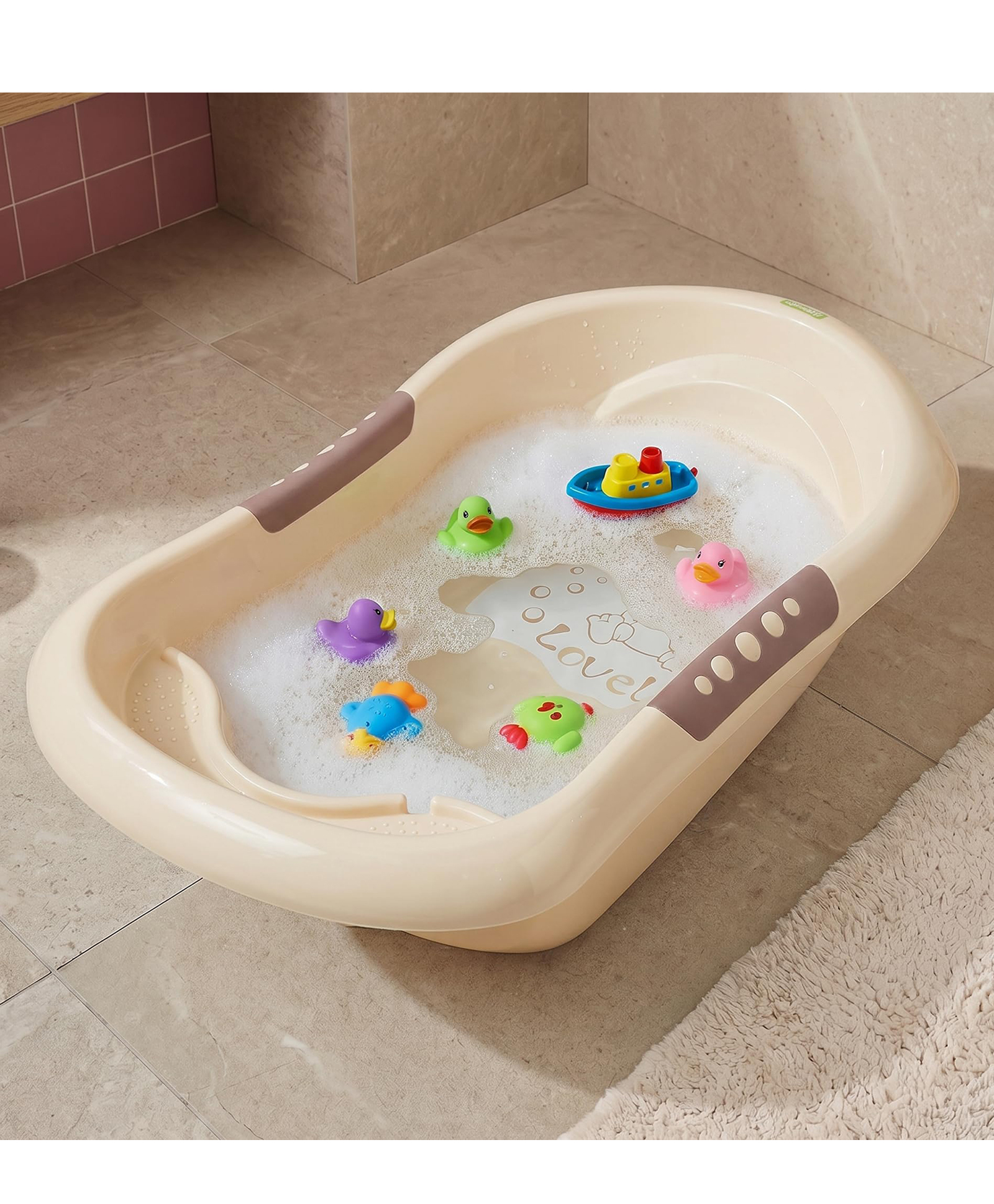 Baybee Lovely Baby Bath Tub for 0 to 5 Years | Ergonomic Bath Tub for Kids with Quick Drain & Storage | Premium Baby Bather with Non Slip Base & Side Grip Bathing Tubs for Boys Girls (Beige)-picture-23