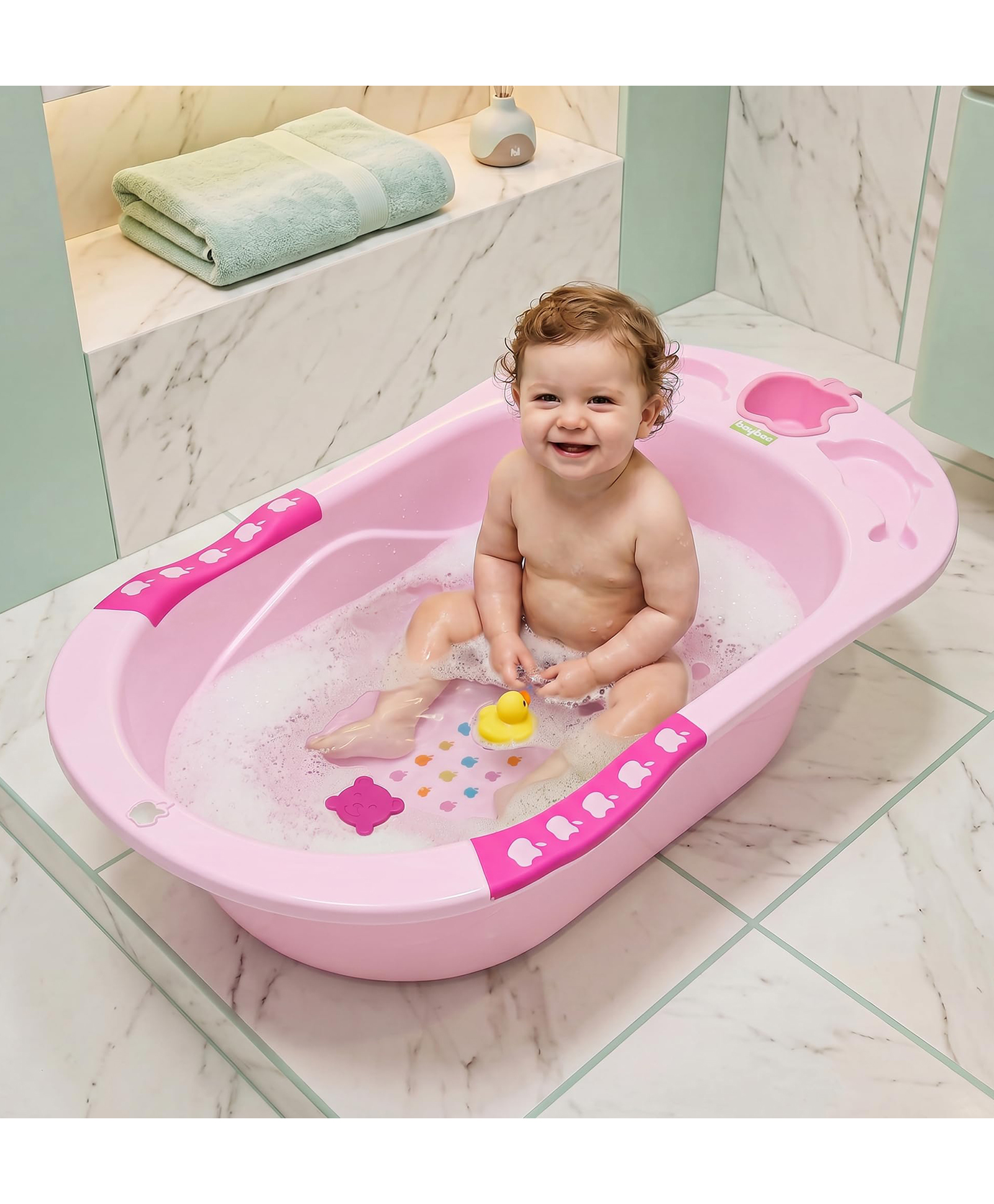 Baybee Dolphin Baby Bath Tub for 0 to 5 Years | Ergonomic Bath Tub for Kids with Non-Slip Base, Quick & Easy Drain | Premium Baby Bather with Soap Holder Bathing Tubs for Boys Girls (Pink)-image-6