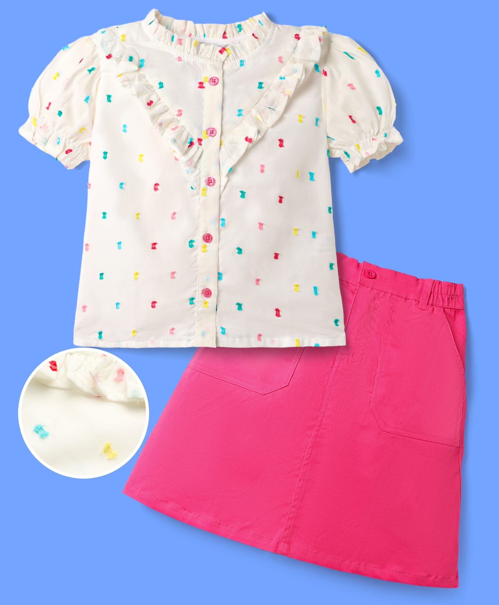 OLLINGTON ST. Cotton Swiss Dot Woven Half Sleeves Thread Work Top & Skirt - White & Pink-image-43