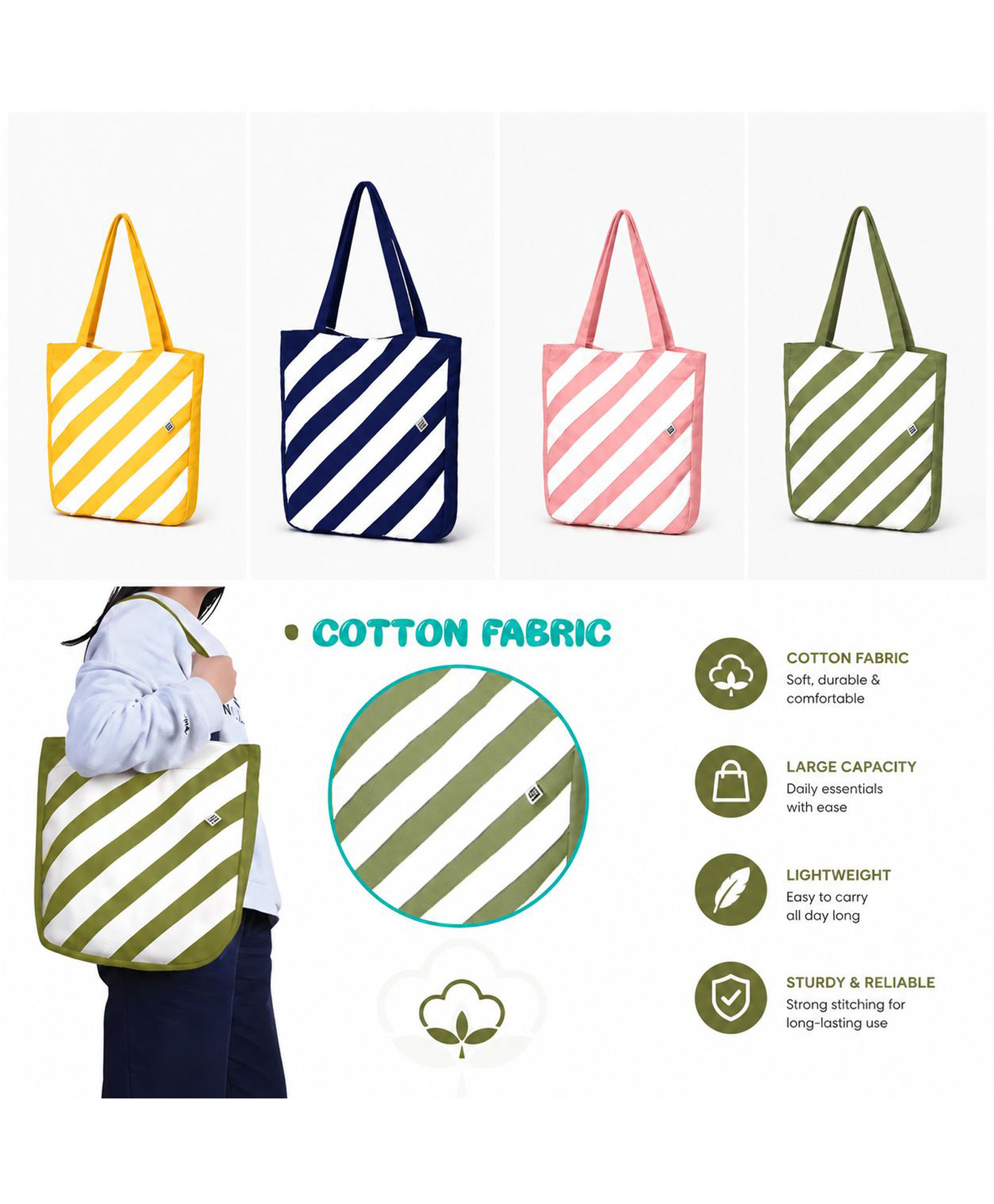 SANJARY Stylish Striped Canvas Tote Bag for Kids, Lightweight Reusable Shopping Shoulder Bag, Daily Travel School Carryall Organizer color design may vary-image-17