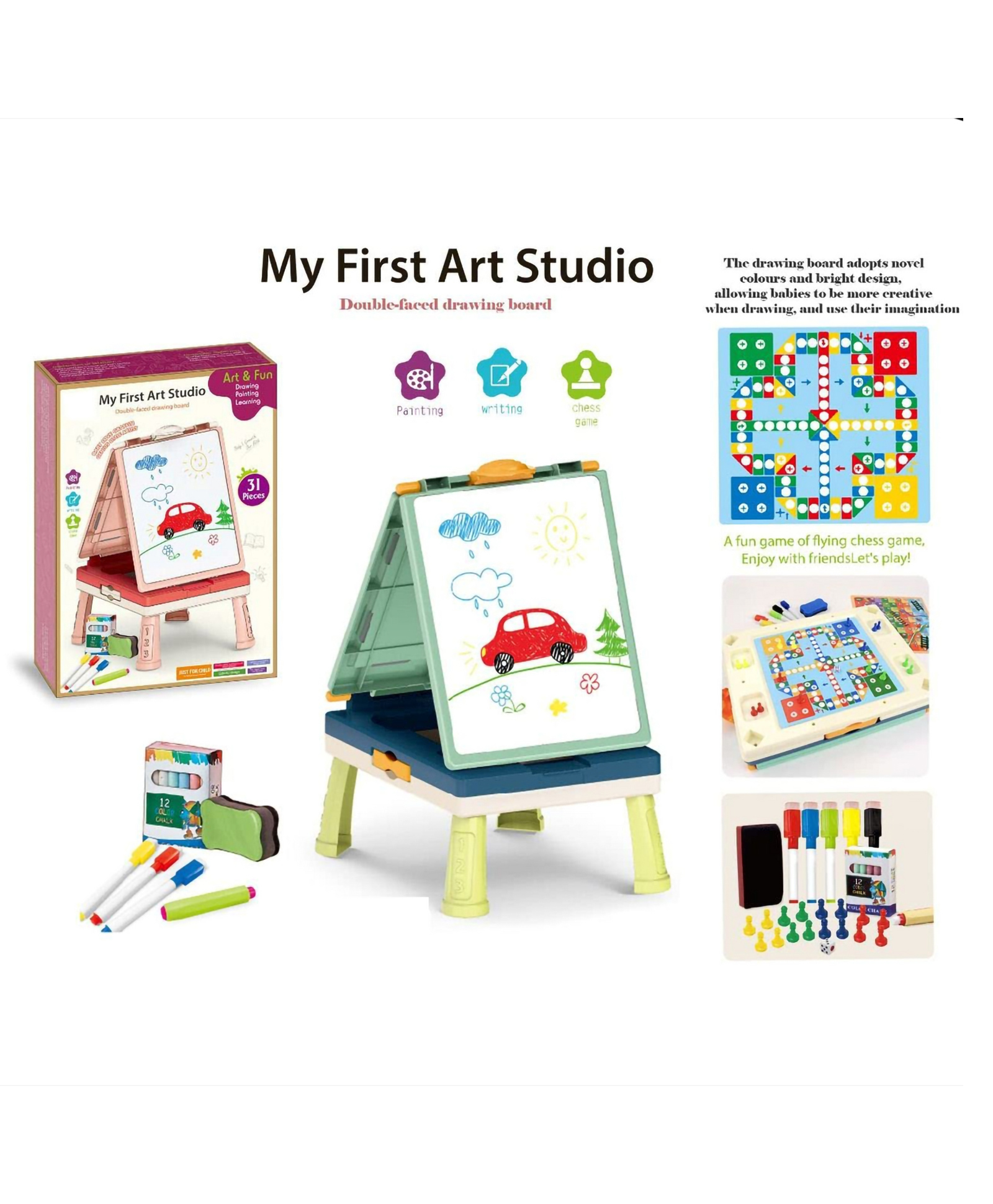 Sanjary Kids Double-Sided Art Studio Drawing Board Set with Markers, Chalks, Learning Games, Creative Painting and Writing Activities color design may vary-image-3