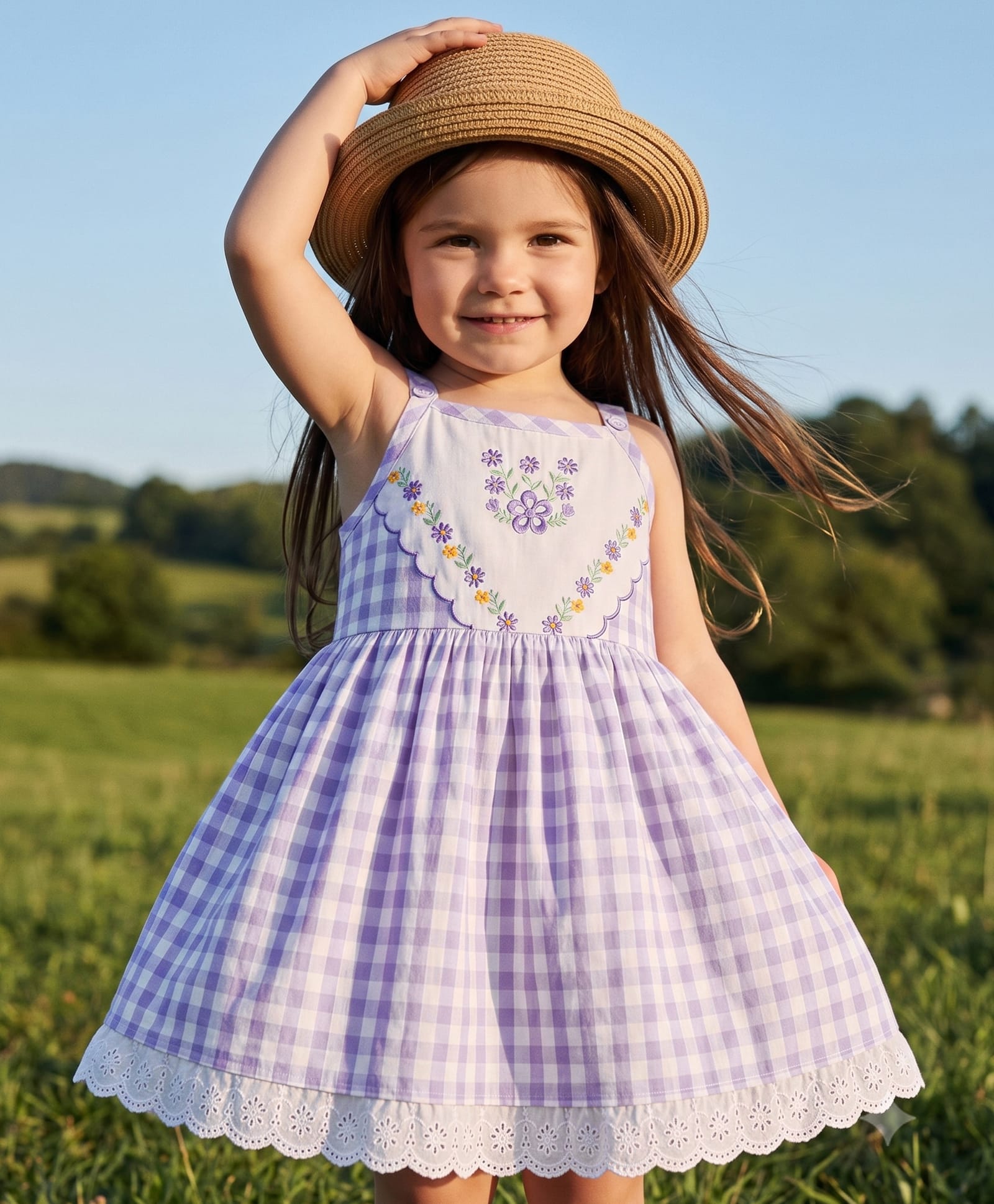 Babyhug Cotton Woven Sleeveless Dress With Checks & Floral Embroidery - Lavender-image-27