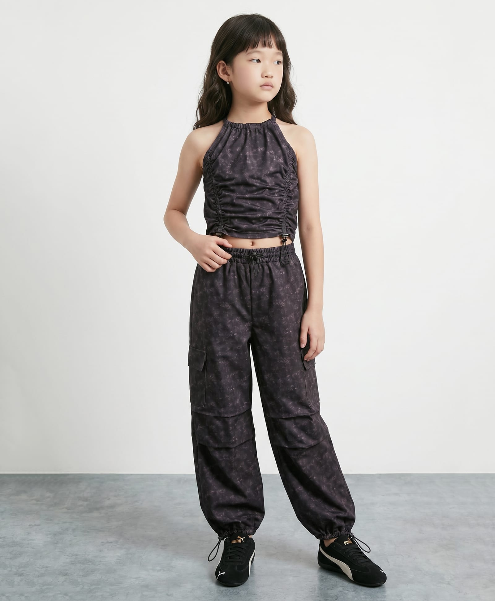Taffykids Knit Sleeveless Co-Ords Tie Dye Print Ruched Detail Top With Matching Cargo Pocket Parachute Pant Set -Black-image-0