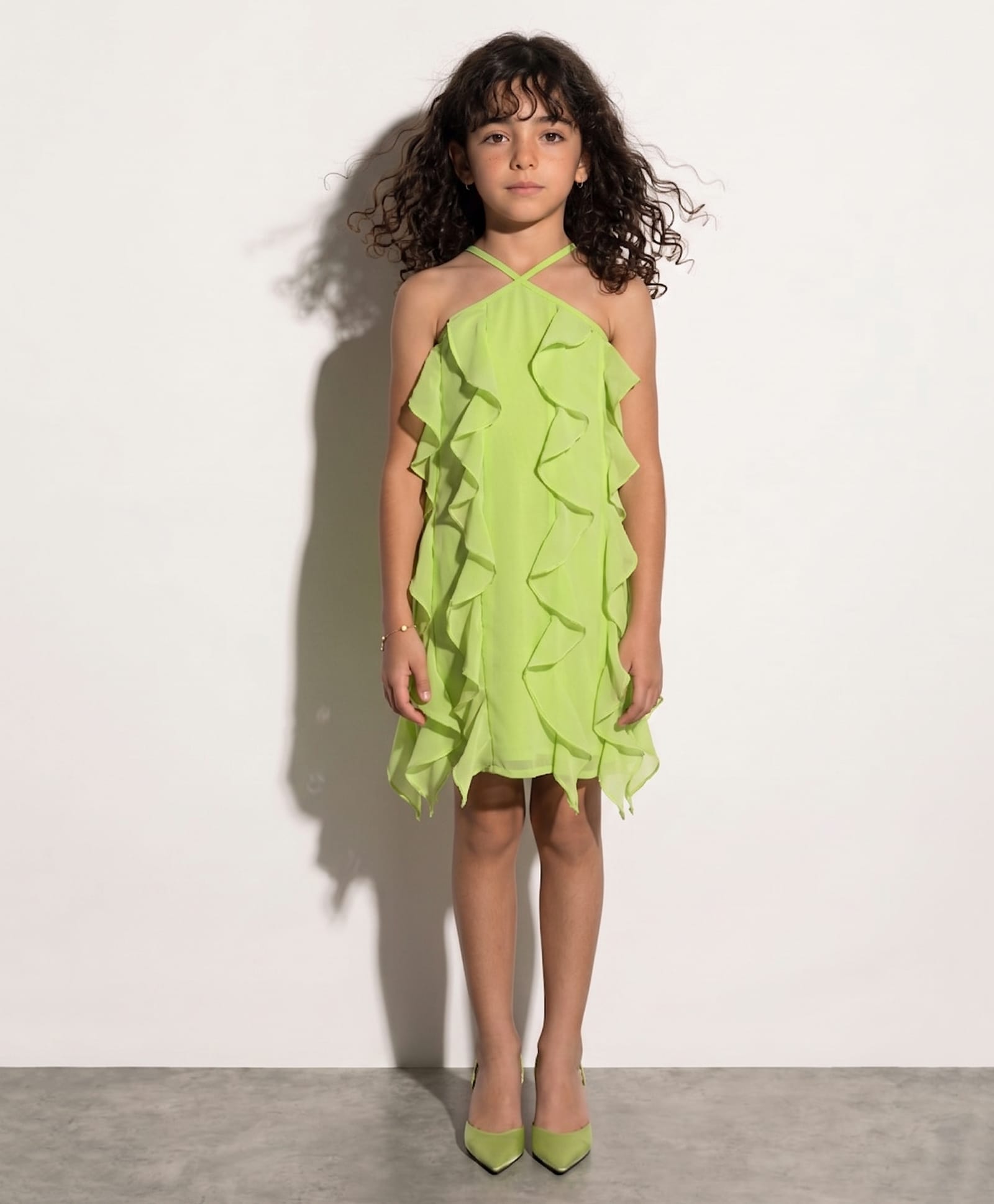 Taffykids Georgette Woven Sleeveless Cascade Ruffle Aline Dress - Green-picture-8