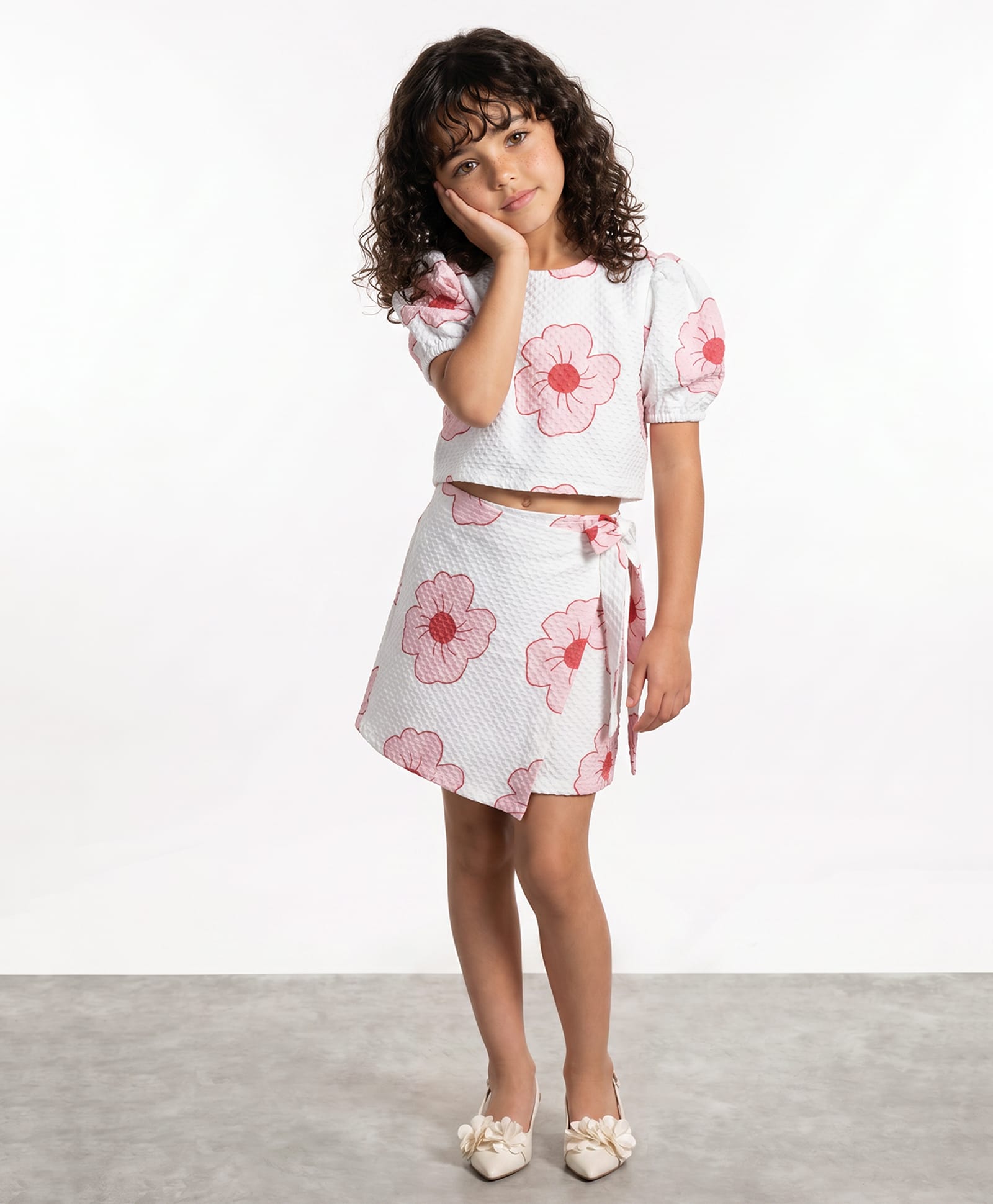 Taffykids Woven Half Sleeves Textured Floral Printed Top With Matching Tie Up Detailed Co-Ords Skort Set - White & Pink-picture-10