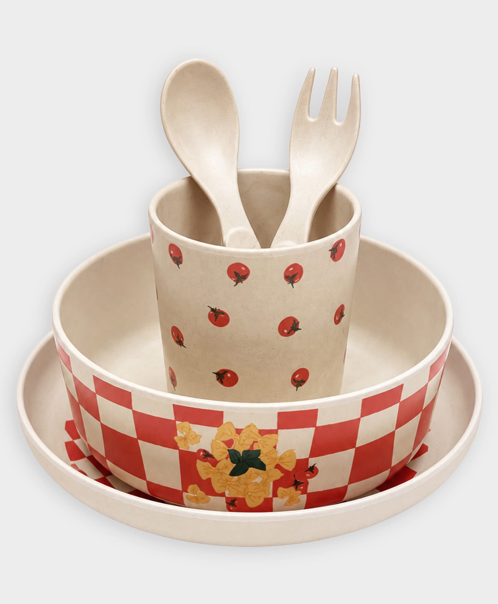 Mi Arcus 100% Melamine Printed Dinner Set Pack of 5 Plate, Bowl,Glass, Fork & Spoon- Beige & Red-image-8