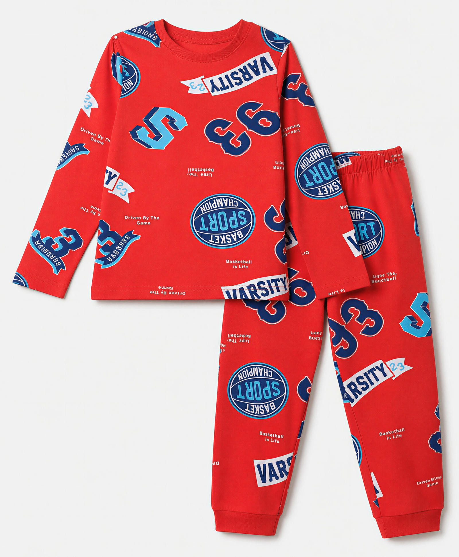 Pine Kids Cotton Knit Full Sleeves Co-Ords T-Shirt & Pyjama Night Suit with Sports Theme Print - Red-image-37