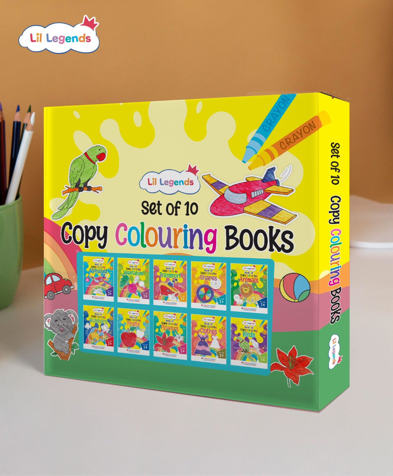 Oswaal Lil Legends Boxset Of 10 Copy Colouring Books For Kids - To Learn About Vegetables | Means Of Transport | Shapes | Numbers 1-10 | Fruits | Flowers | Clothes | Birds | Animals | English Alphabet-image-8