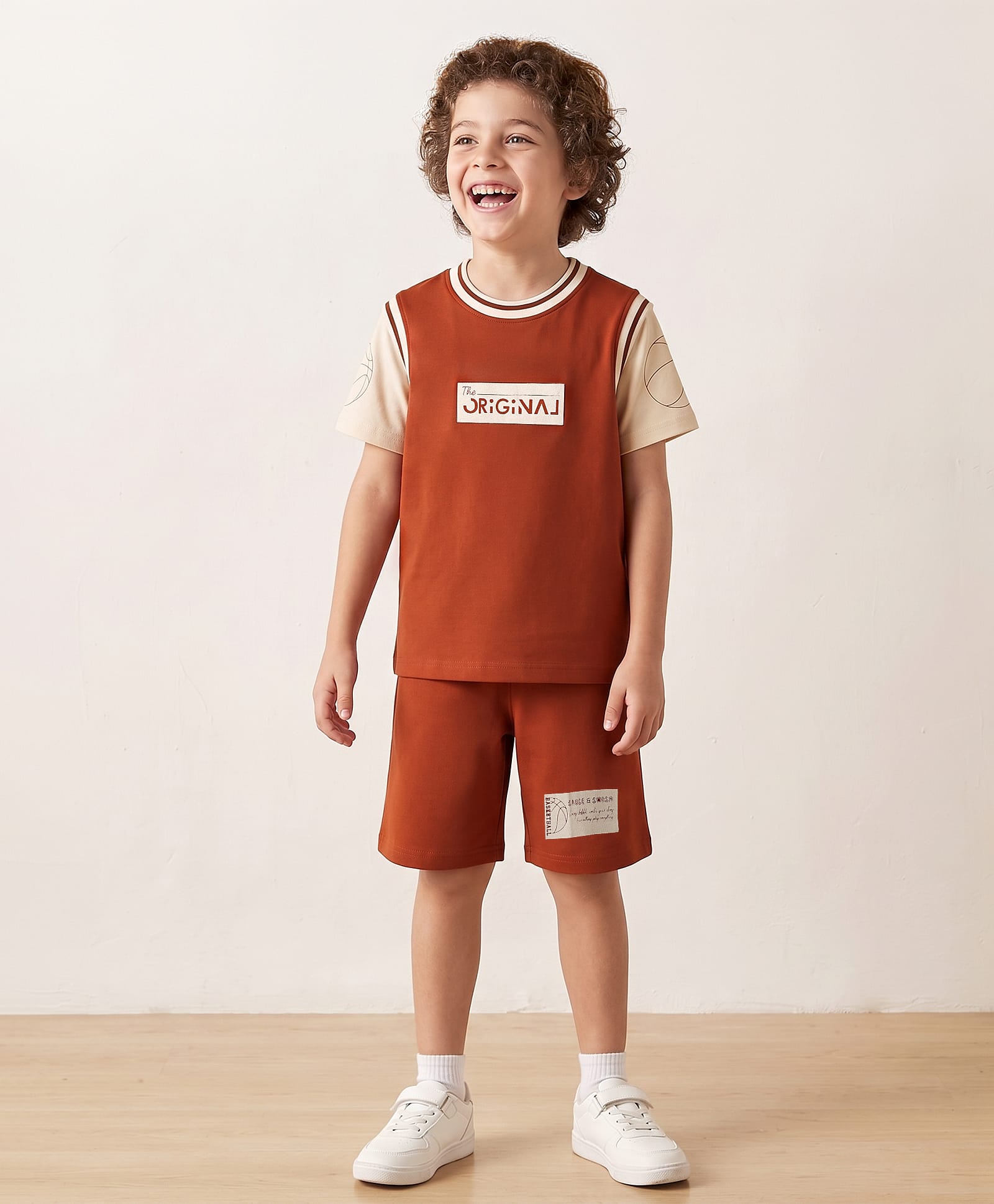 Arias By Lara Dutta Single Jersey Cotton Knit Half Sleeves T-Shirt & Shorts With Text Print - Rust Orange-picture-29