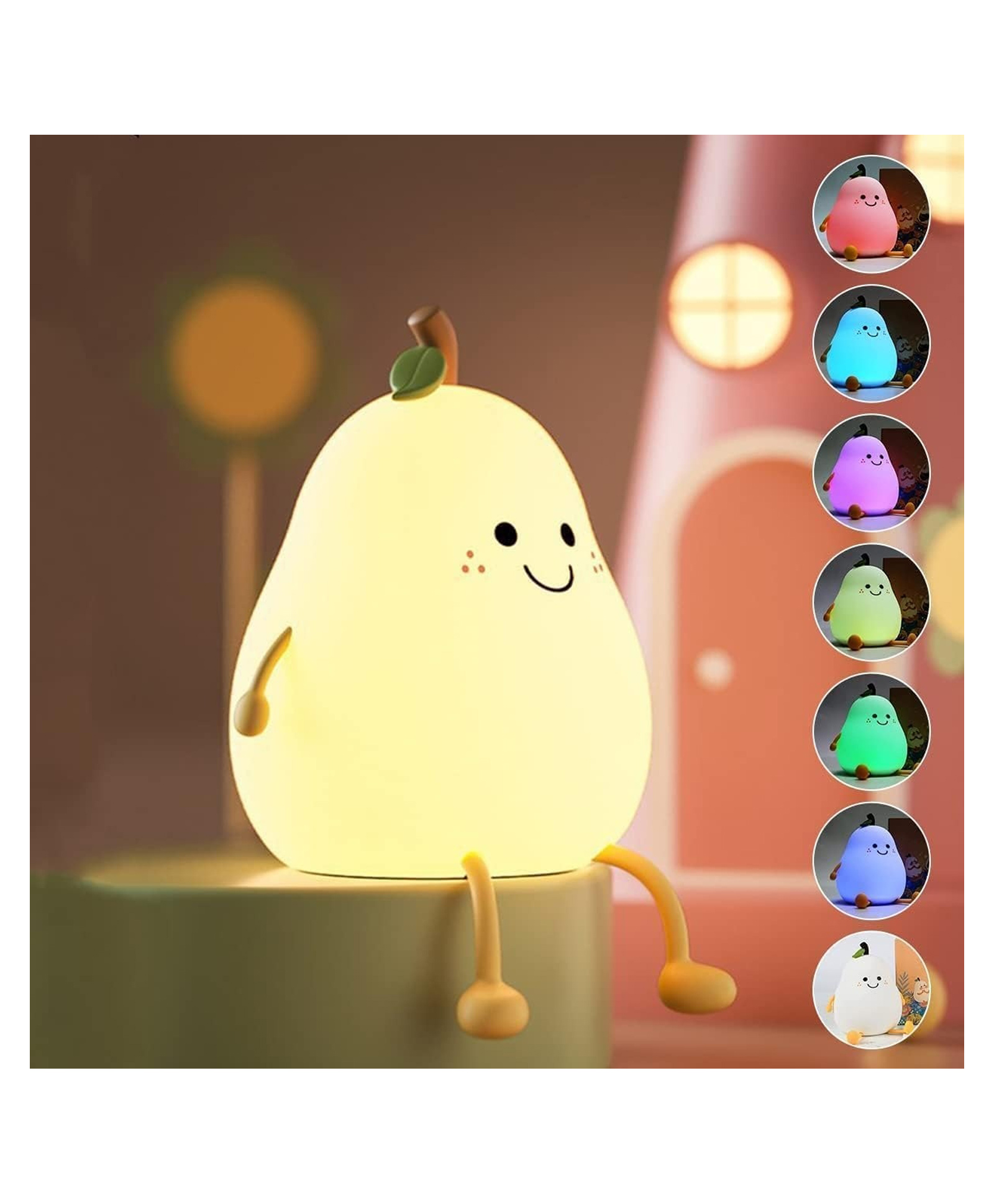 One94Store Rechargeable Silicone Pear Night Lamp Touch Control 7-Color LED Light for Kids' Bedroom, Romantic Decor, Valentine Day Gift, Love Gift for Her, Couple Gift-image-45