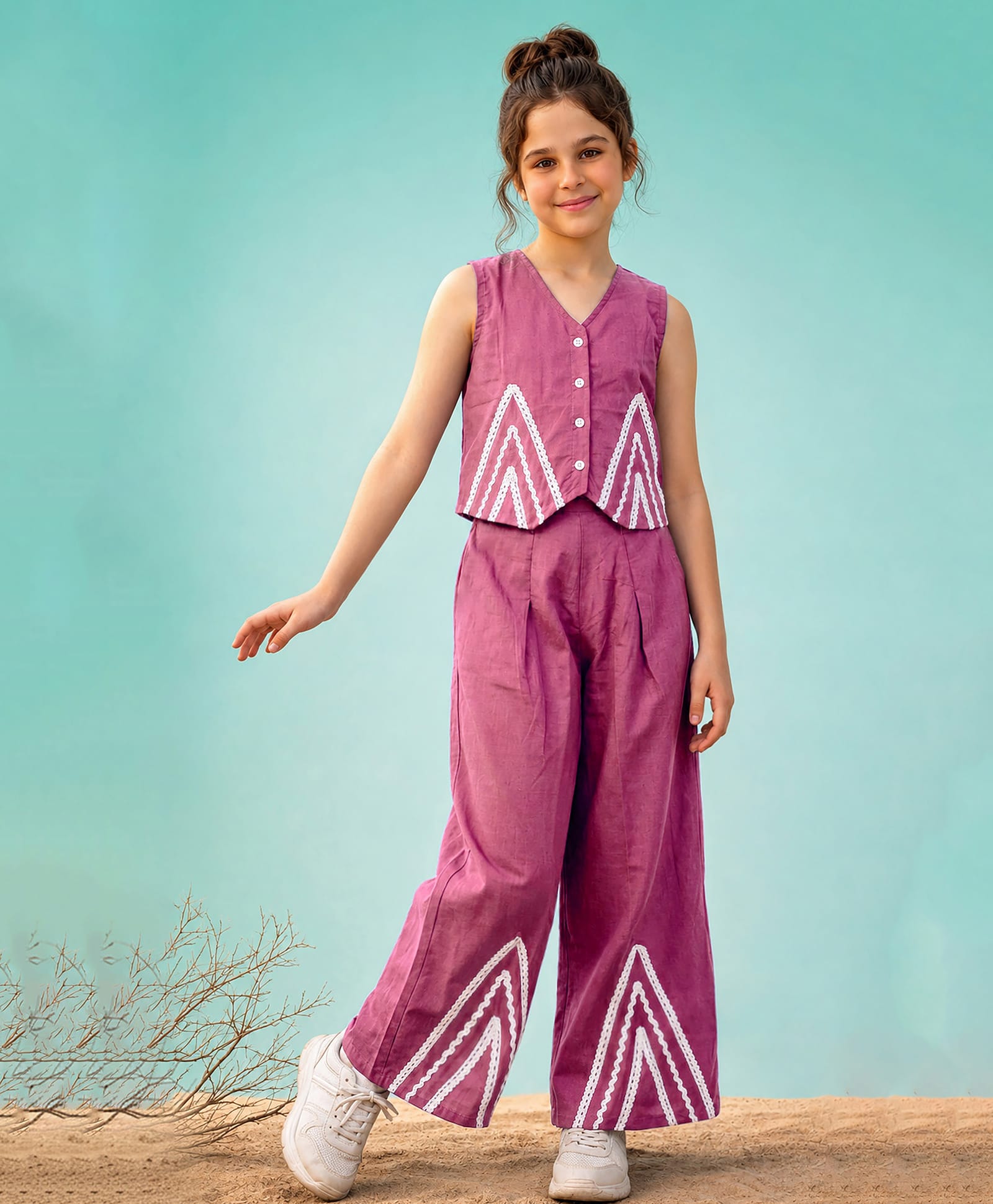 Fashion Dream Silk Woven Sleeveless Lace Embellished Top & Palazzo Set - Lavender-picture-21