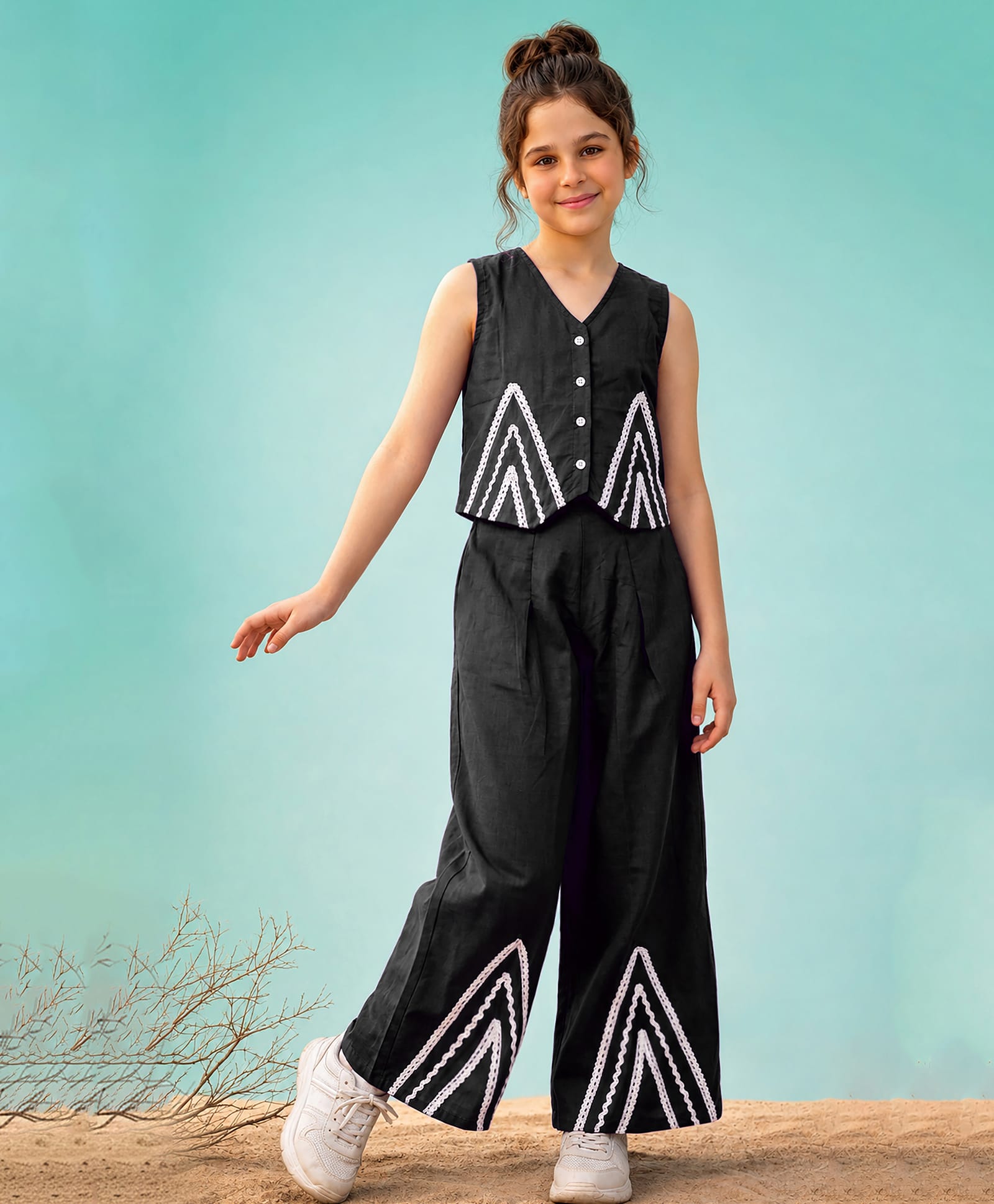 Fashion Dream Silk Woven Sleeveless Lace Embellished Top & Palazzo Set - Black-image-2