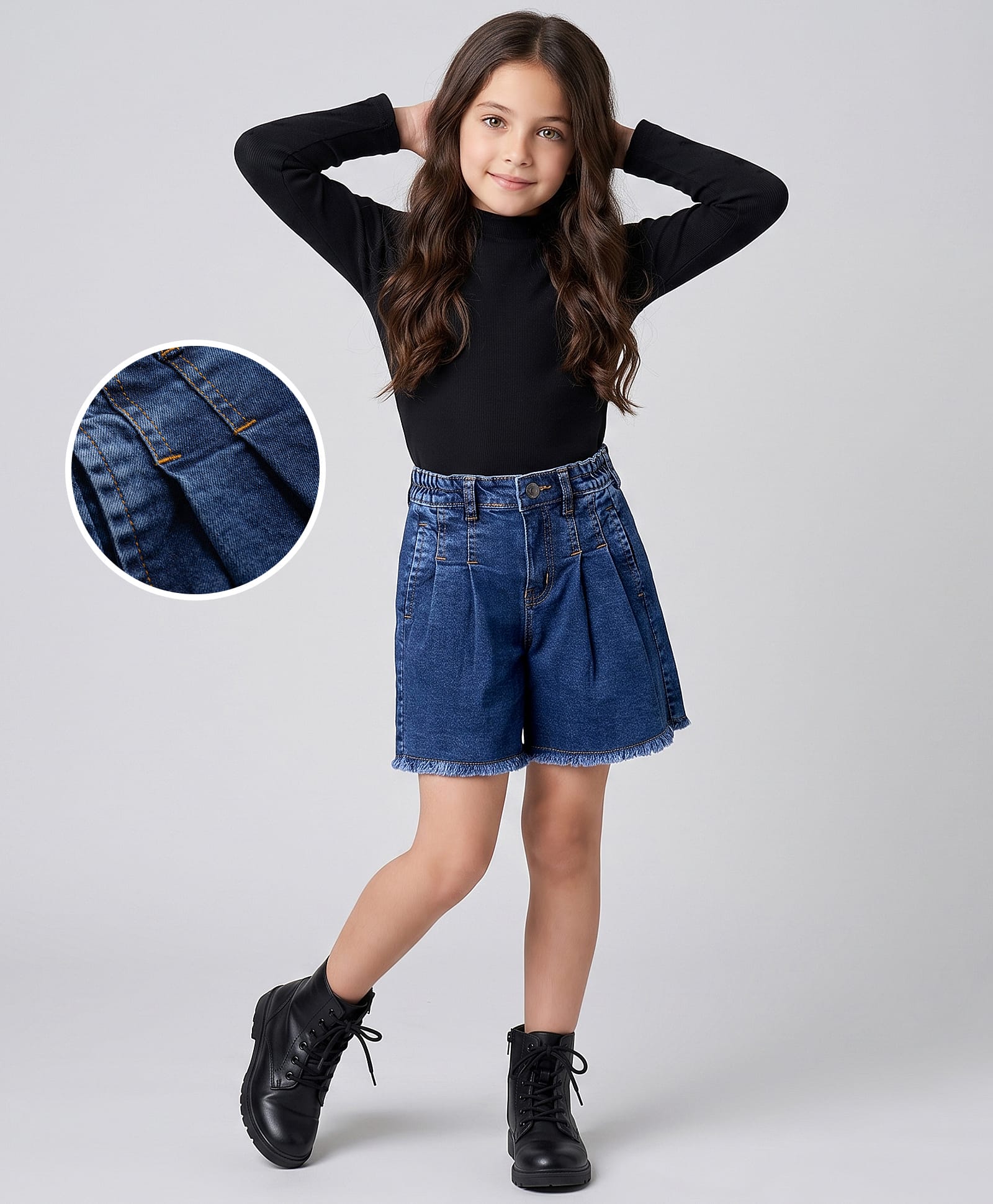 arias by lara dutta Arias Cotton Elastane Woven Medium Wash Solid Color Shorts with Raw Fringes at Hem - Blue-picture-28