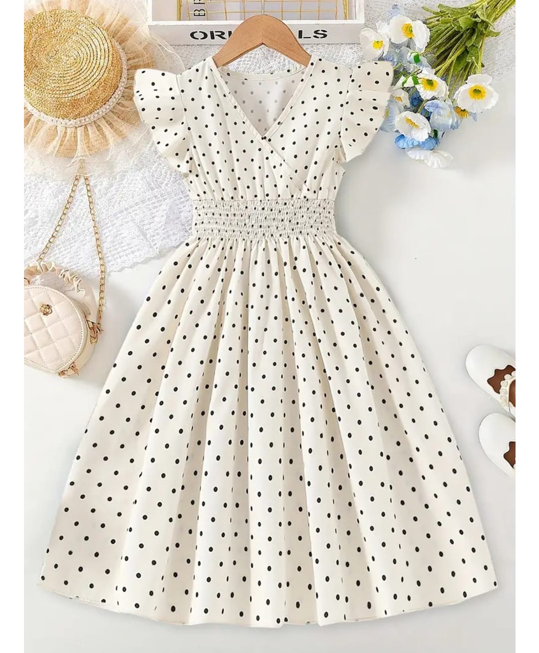 The Kids Club Cotton Blend Knit Sleeveless Polka Dot Printed Dress - Cream & Black-picture-37
