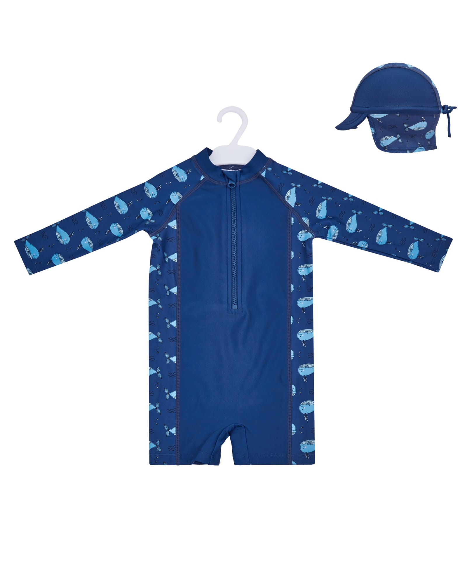 Big Softies Full Sleeves Whale Printed Legged Swimsuit With Cap - Navy Blue-picture-39