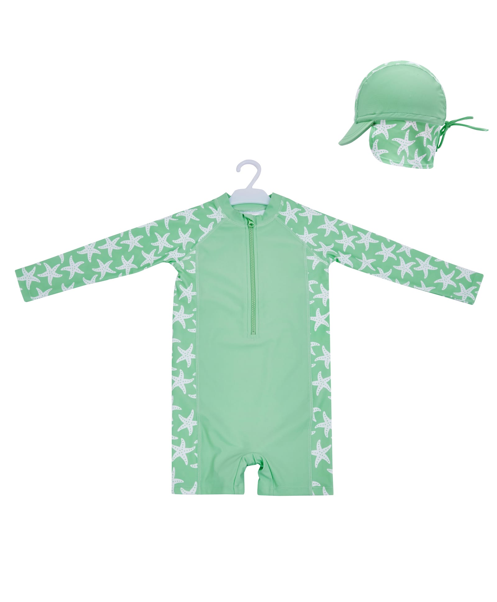 Big Softies Full Sleeves Star Fish Printed Legged Swimsuit With Cap - Green-image-26