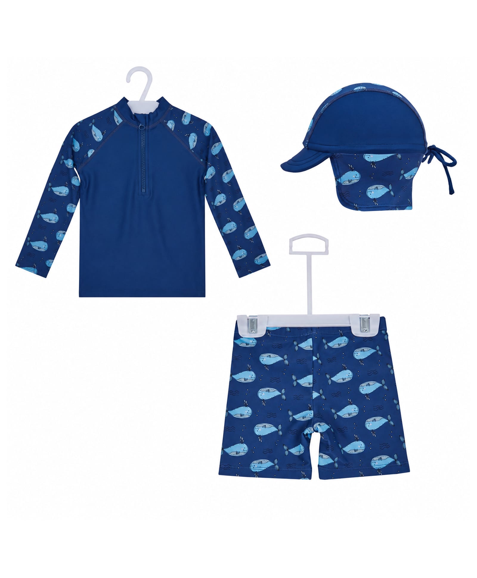 Big Softies Full Sleeves Whale Printed Coordinating Two Piece Swimsuit With Cap - Navy Blue-picture-8