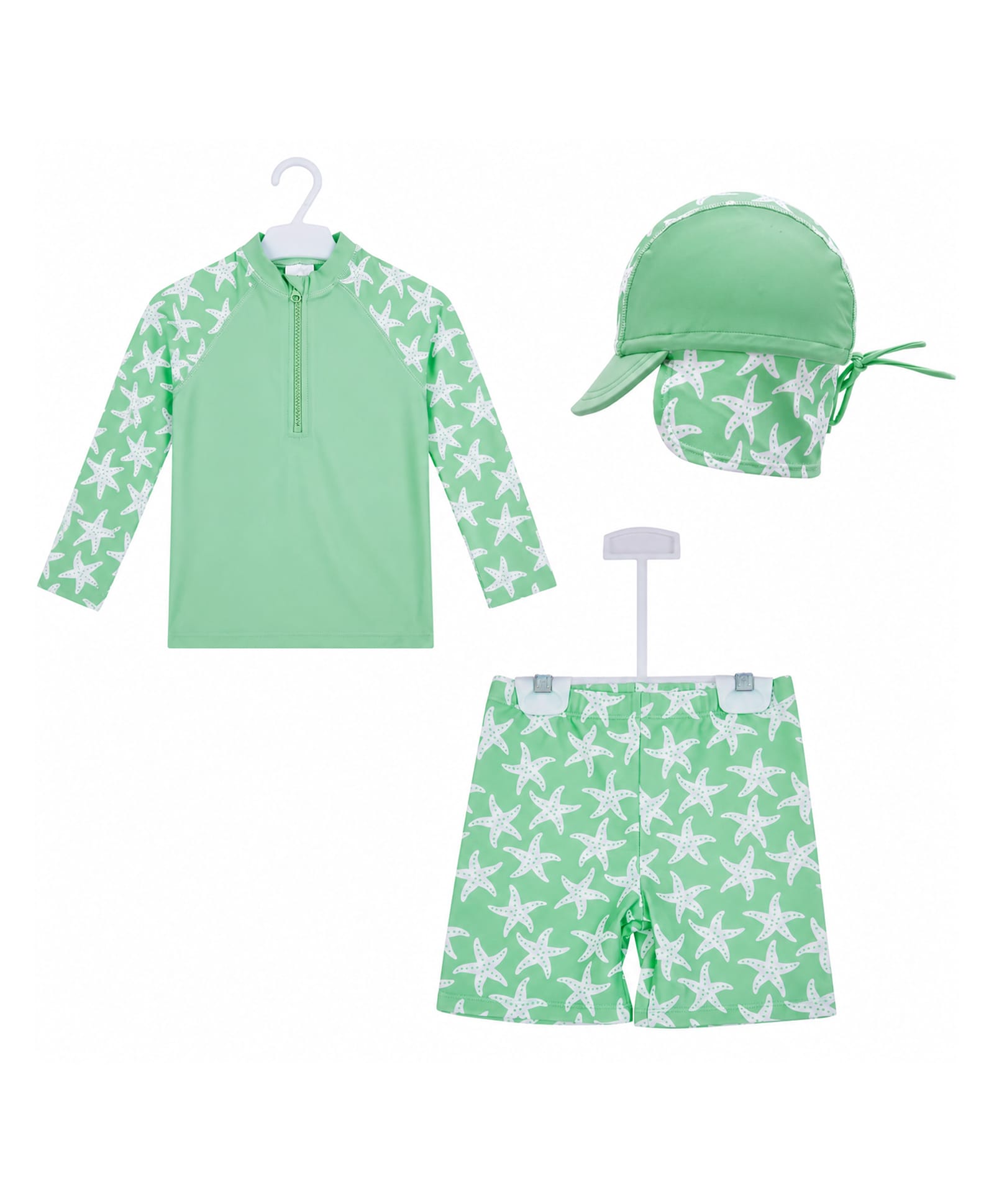 Big Softies Full Sleeves Starfish Printed Coordinating Two Piece Swimsuit With Cap - Green-picture-16