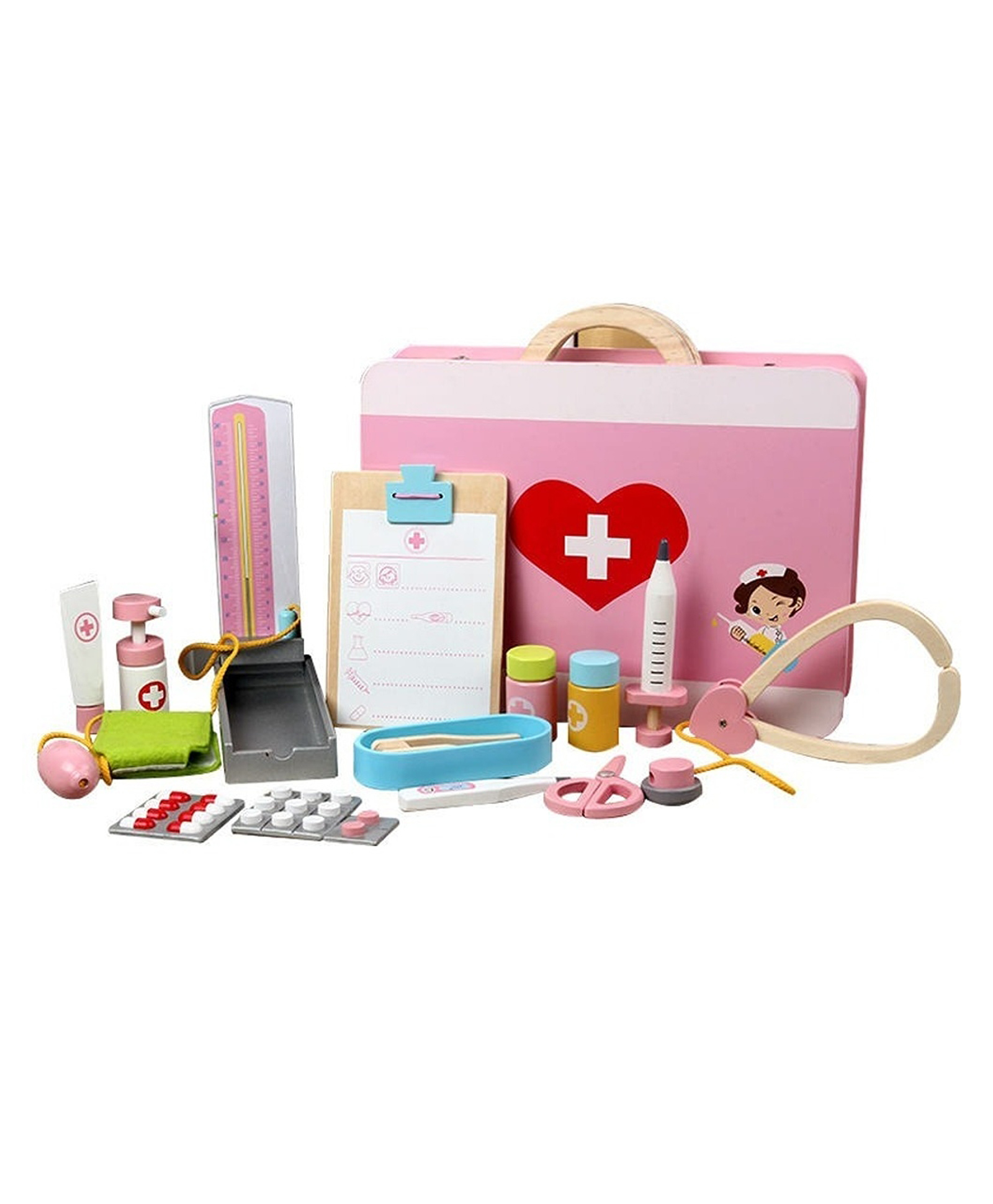 Happy Hues Wooden Doctor Set Toy Kit with Portable Carry Case for Kids - Pink-image-36