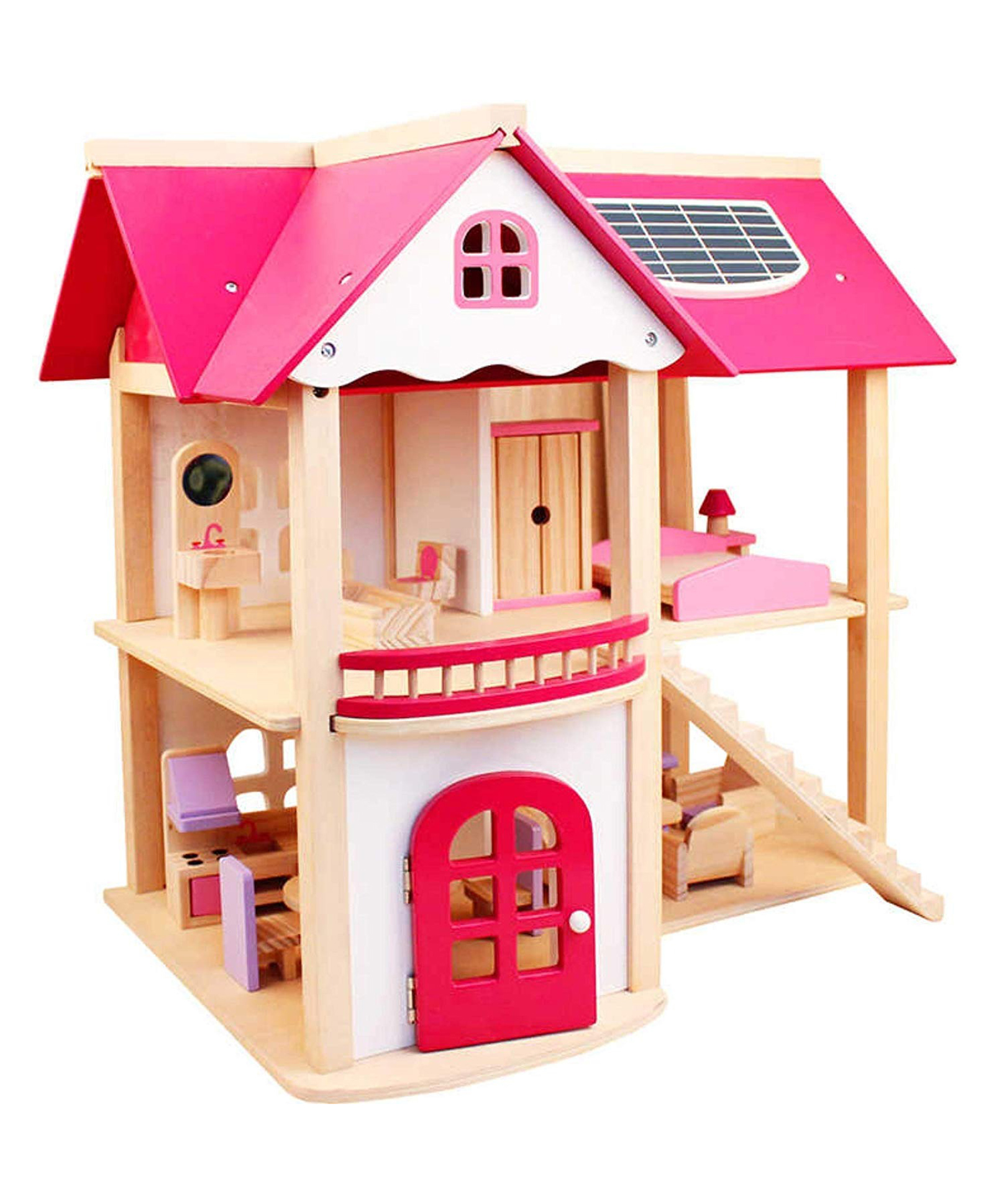Happy Hues Wooden Dollhouse Villa Play Set with Miniature Furniture - Pink-image-33