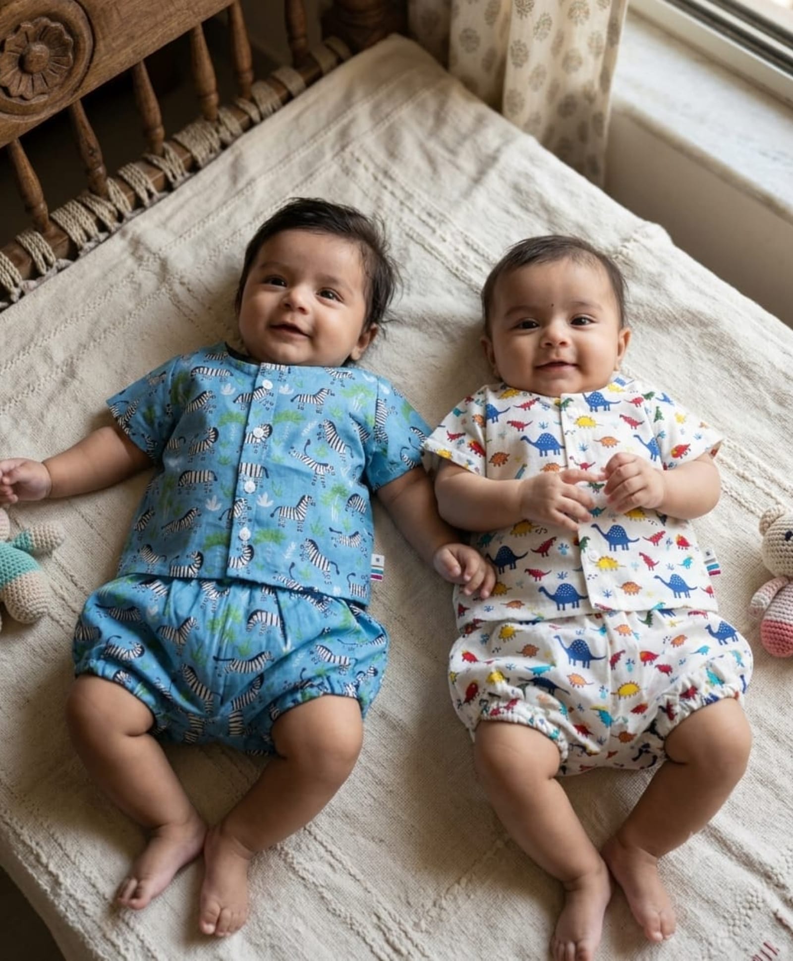 LITTLE INDIAN Cotton Woven Pack Of 2 Half Sleeves Dinosaur & Zebra Printed Jhabla & Shorts Set - Blue & White-image-20