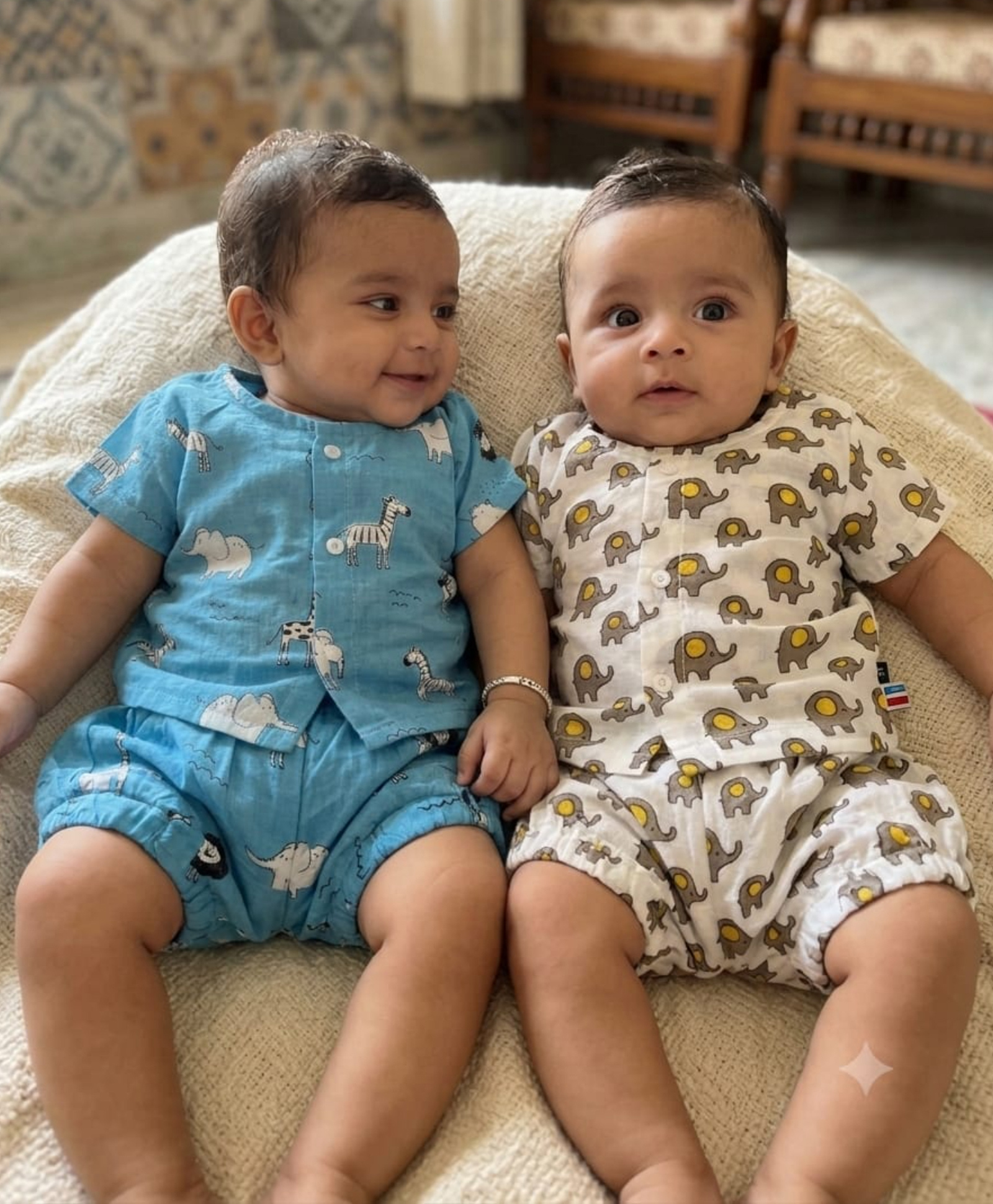 LITTLE INDIAN Cotton Woven Pack Of 2 Half Sleeves Animals Printed Coordinating Jhabla & Shorts Set - Blue & White-picture-22