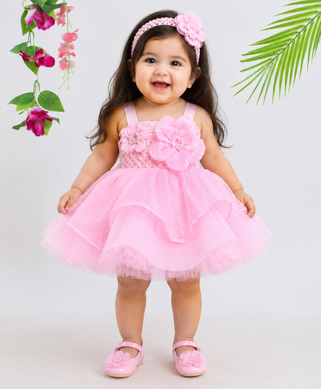TINY MINY MEE Elastane Woven Sleeveless Floral Applique Detailed Dress - Pink-picture-19