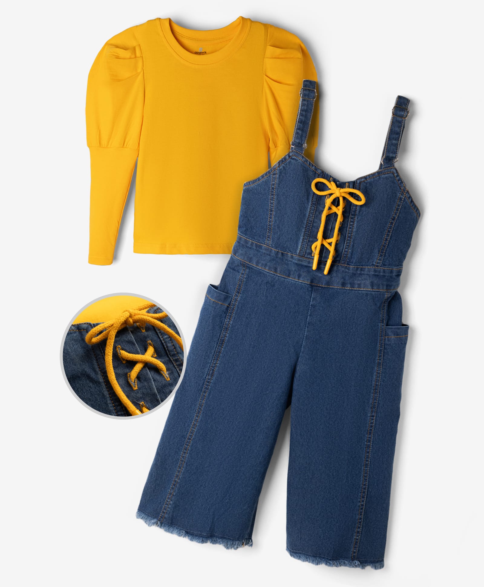 OLLINGTON ST. Single Jersey Knit Denim Dungaree with Full Sleeves Inner Tee - Indigo & Mustard-image-16