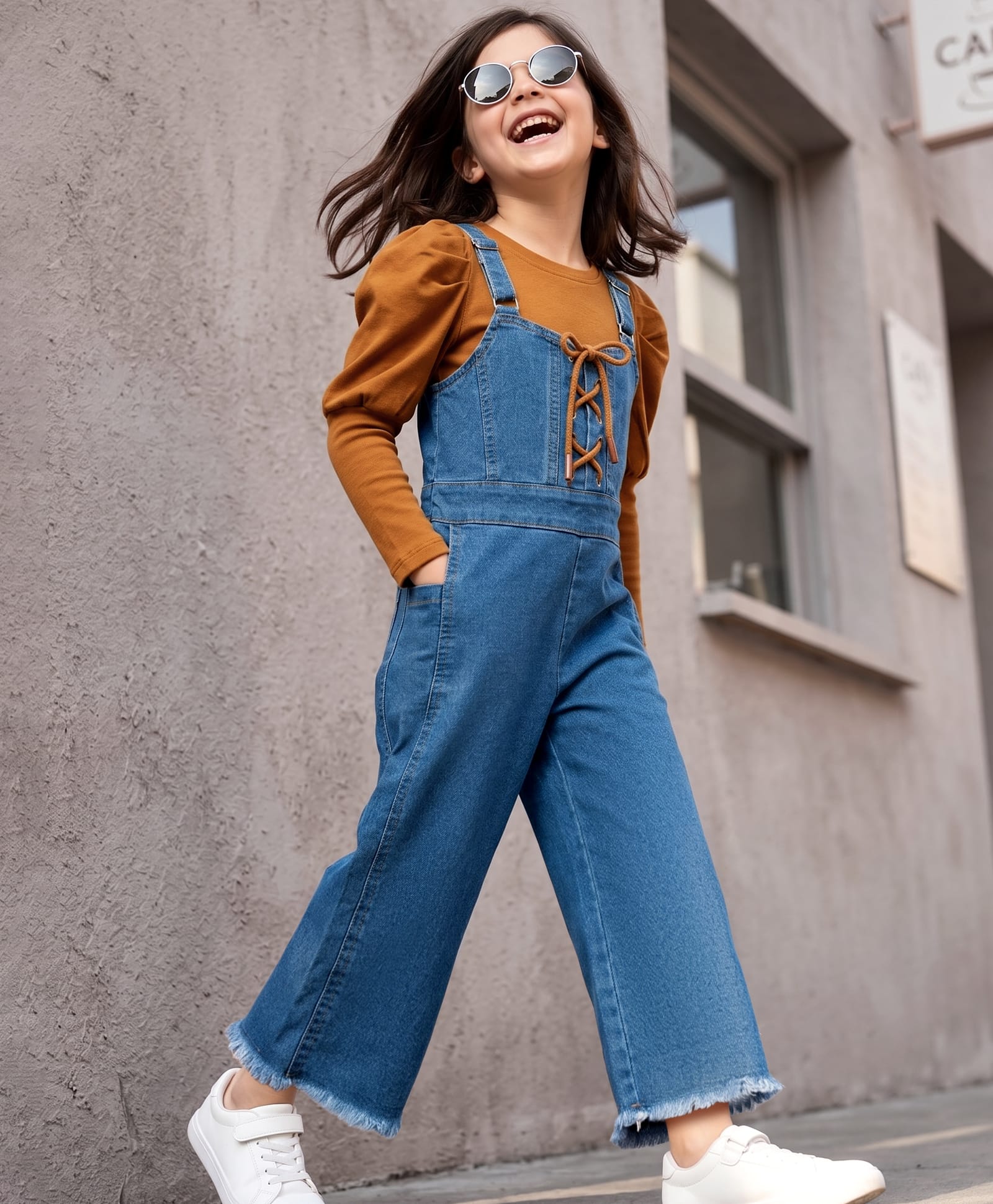 OLLINGTON ST. Single Jersey Knit Denim Dungaree with Full Sleeves Inner Tee - Brown & Blue-picture-10