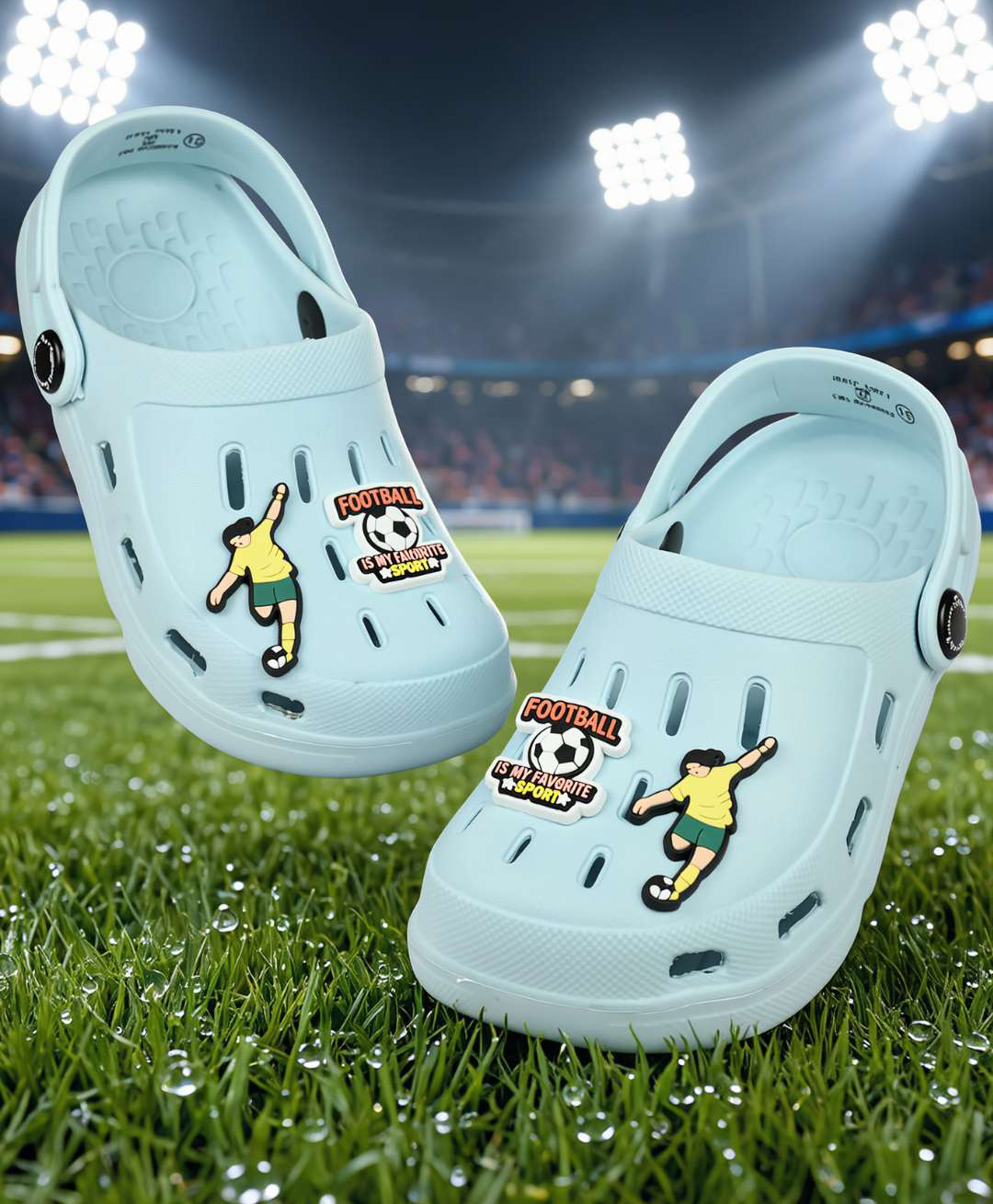 Yellow Bee Football Theme Applique Detailed Perforated Slingback Clogs - Blue-picture-23